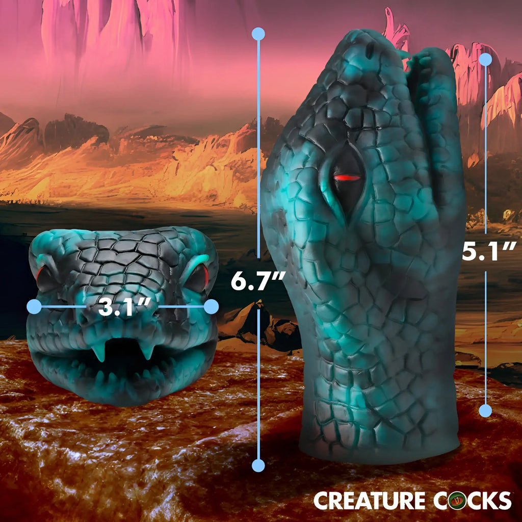 Creature Cocks Serpentine Stroker: teal and black snake-head silicone masturbator with red eyes and sizing dimensions.