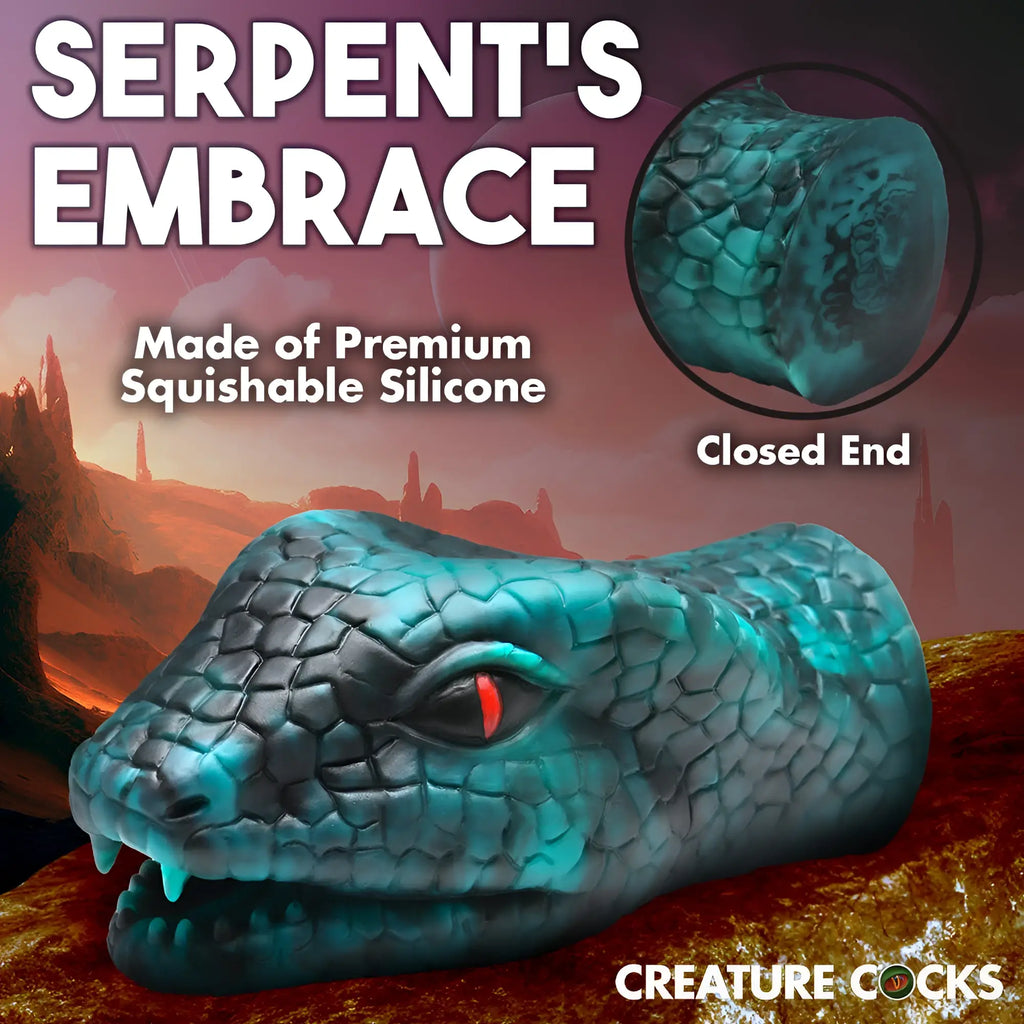Creature Cocks Serpentine Stroker: A teal and black silicone masturbator shaped like a detailed snake head.
