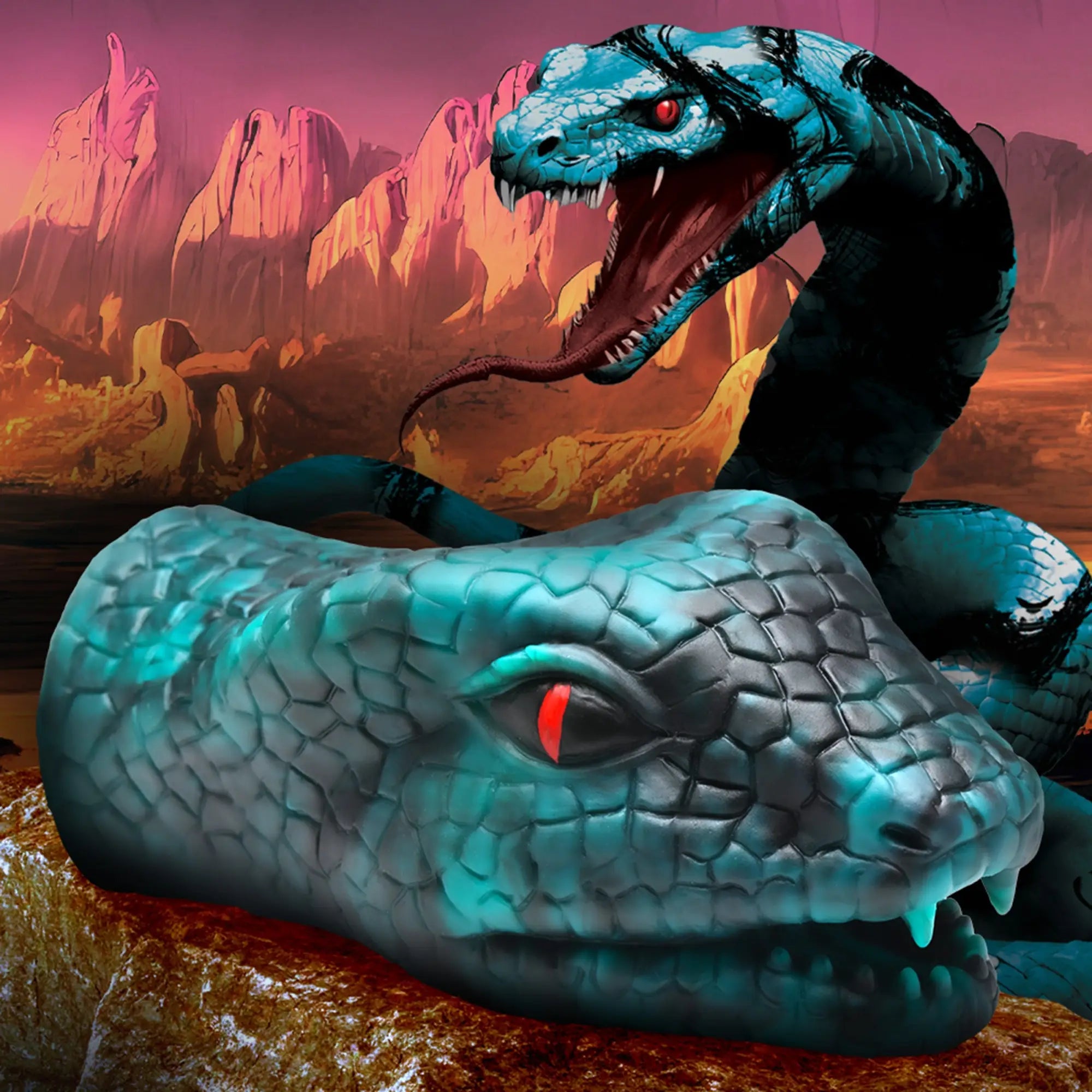 Creature Cocks Serpentine Stroker: teal, scale-textured silicone masturbator shaped like a snake head in a rocky desert.