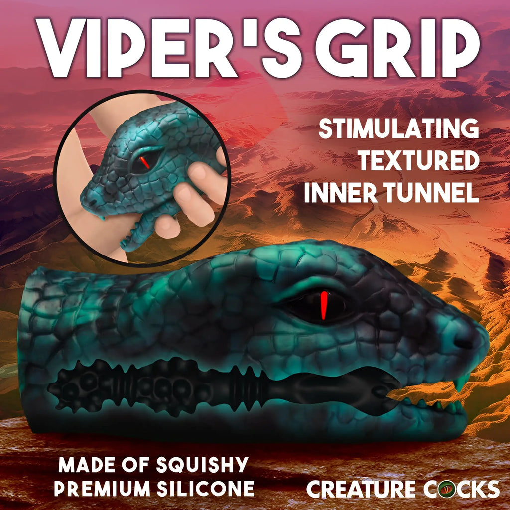 Creature Cocks Serpentine Stroker: A teal-and-black snake-shaped silicone masturbator with red eyes and textured interior.