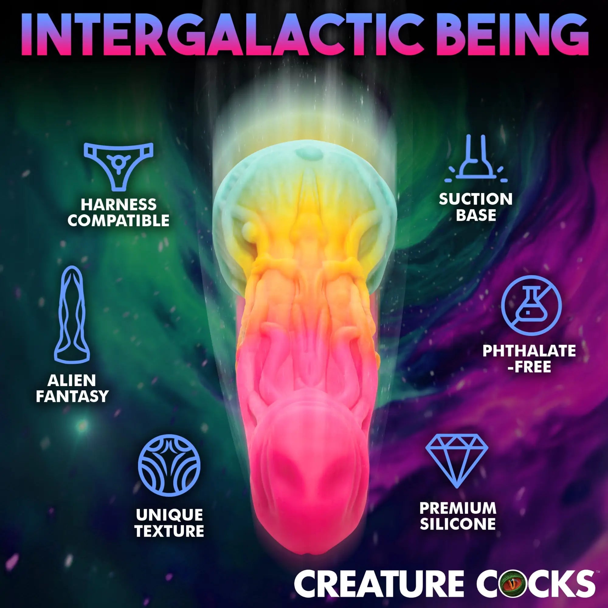 Creature Cocks Shape Shifter silicone dildo: an alien-themed, textured toy in a gradient teal, yellow, and pink color.