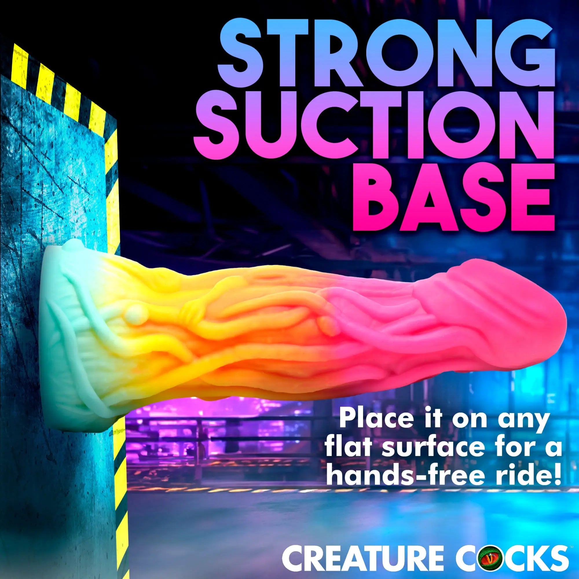 Creature Cocks Shape Shifter silicone dildo, multicolored alien design with suction base attached to a flat surface.