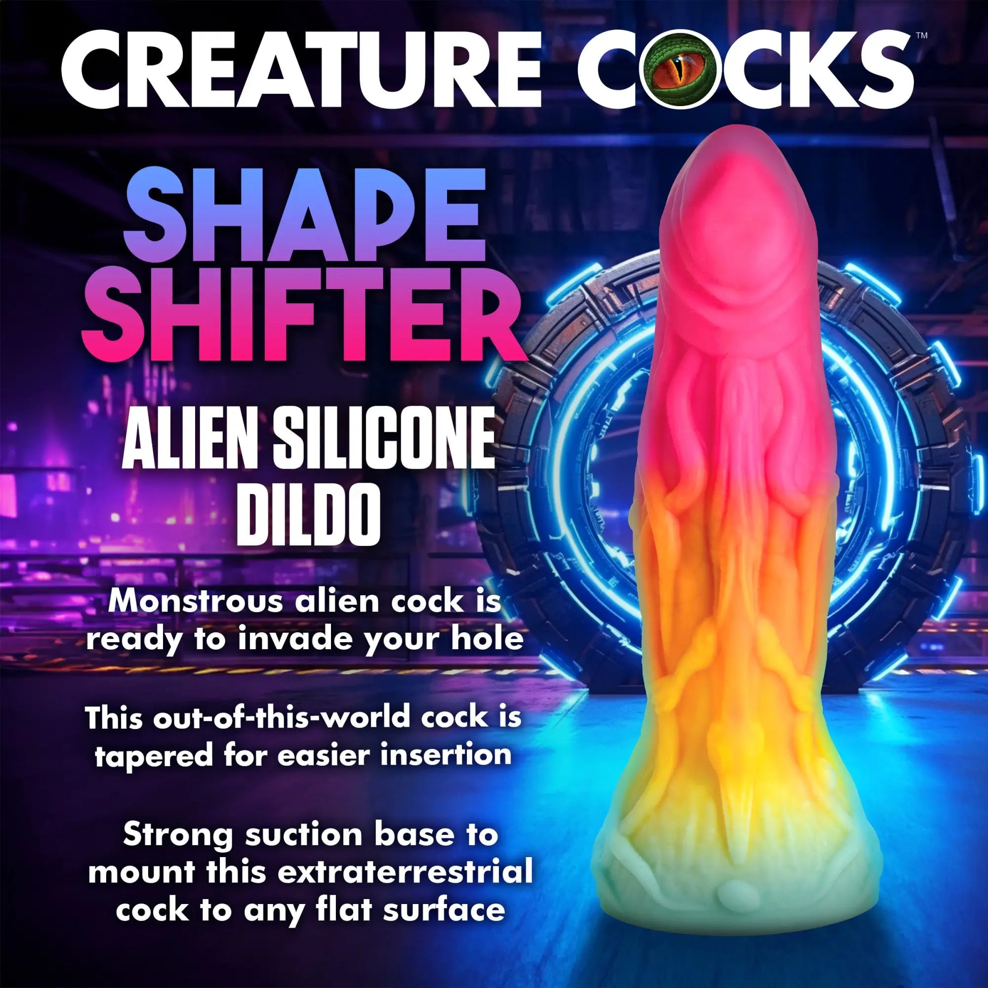 Creature Cocks Shape Shifter silicone dildo featuring a textured alien design in a vibrant pink, yellow, and blue fade.
