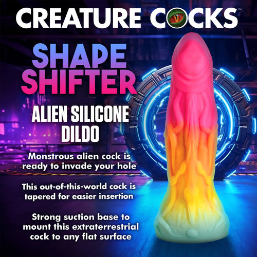 Creature Cocks Shape Shifter silicone dildo featuring a textured alien design in a vibrant pink, yellow, and blue fade.