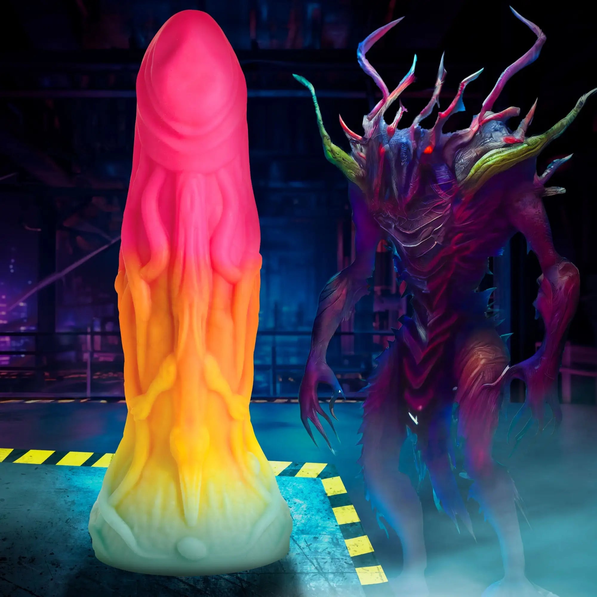 Creature Cocks Shape Shifter silicone dildo: a pink-to-yellow gradient alien-themed toy next to a spiky alien creature.