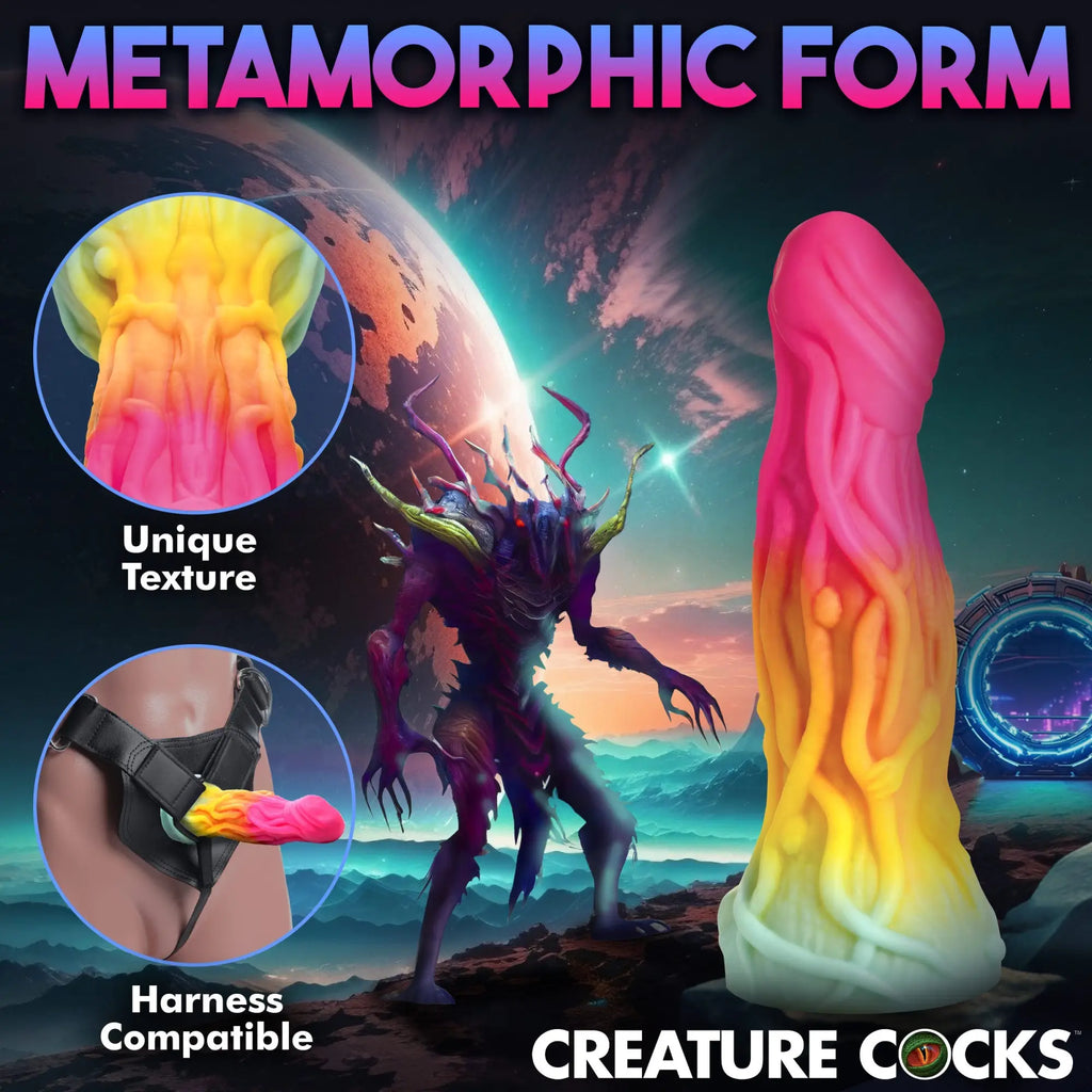 Creature Cocks Shape Shifter silicone dildo featuring a textured, gradient pink-to-yellow alien design in a space scene.