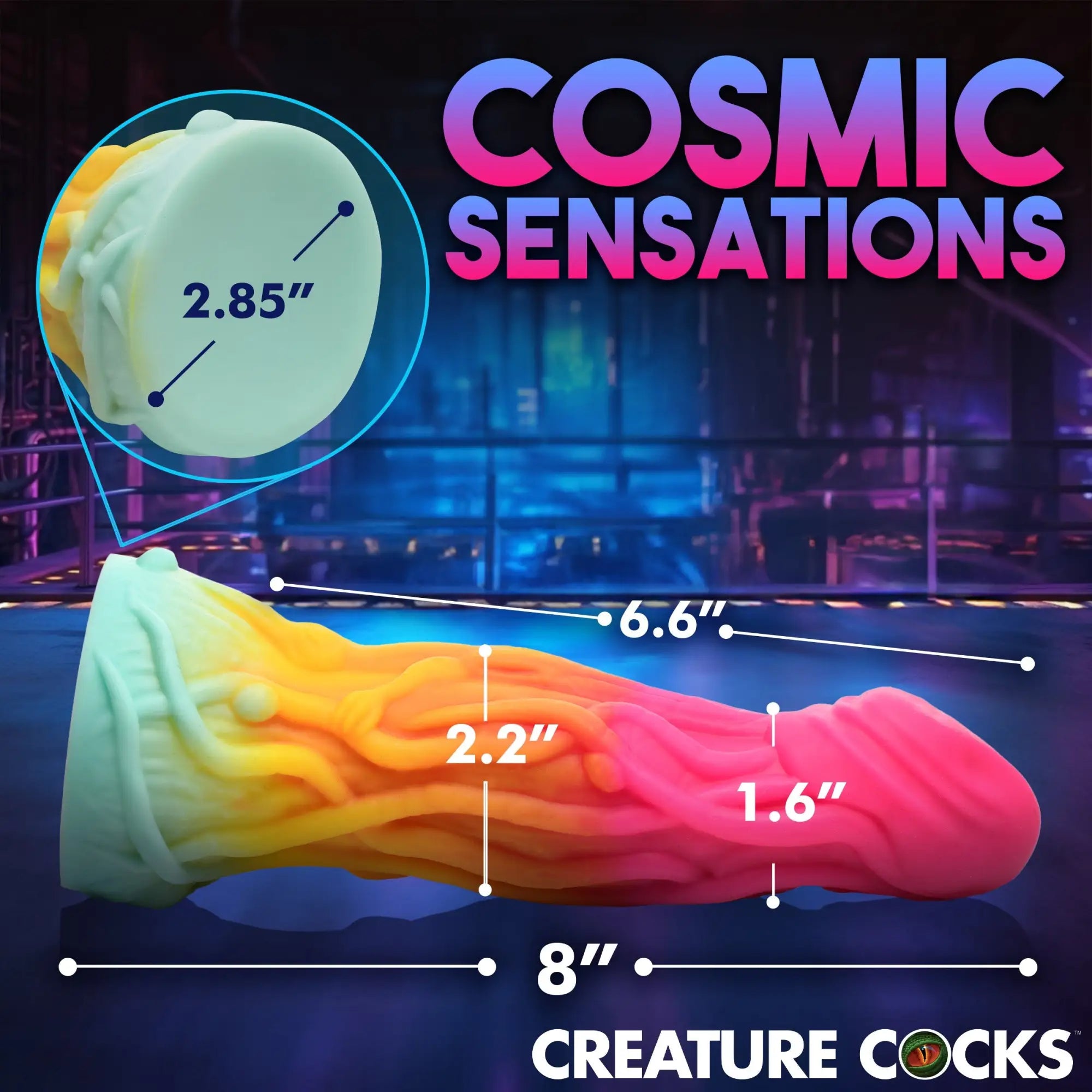 Creature Cocks Shape Shifter silicone dildo featuring a gradient mint, yellow, and pink alien design with size specs.