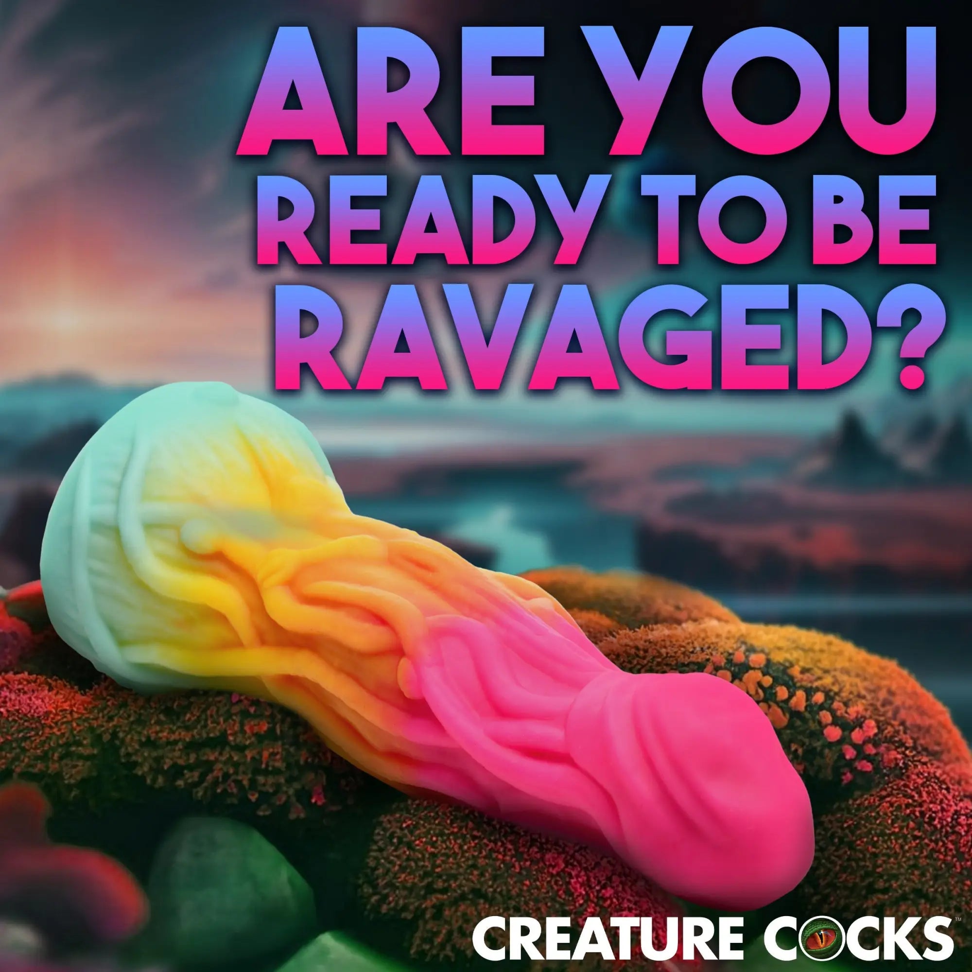 Creature Cocks Shape Shifter silicone dildo: a textured, alien-inspired toy with an ombre mint, yellow, and pink design.