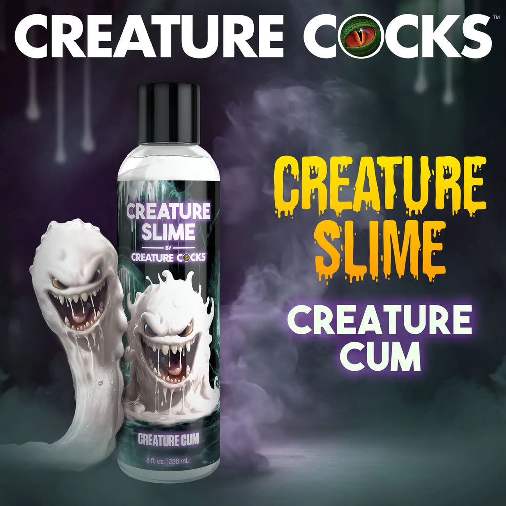 Creature Cocks Creature Slime lubricant bottle with a spooky monster graphic, black cap, and white text on a dark background.