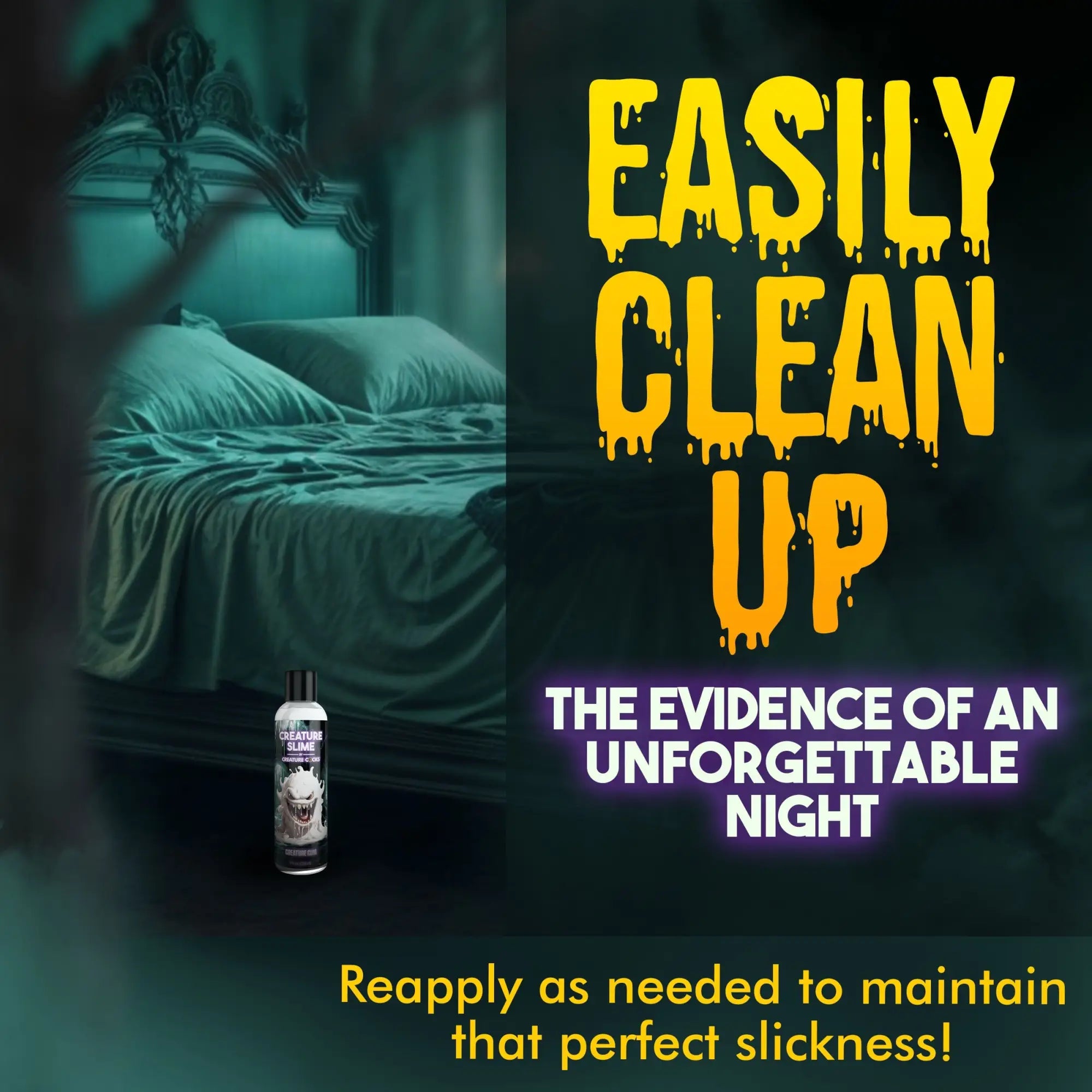 Creature Cocks Creature Slime lubricant bottle in a dark, moody bedroom setting with "Easily Clean Up" text overlay.