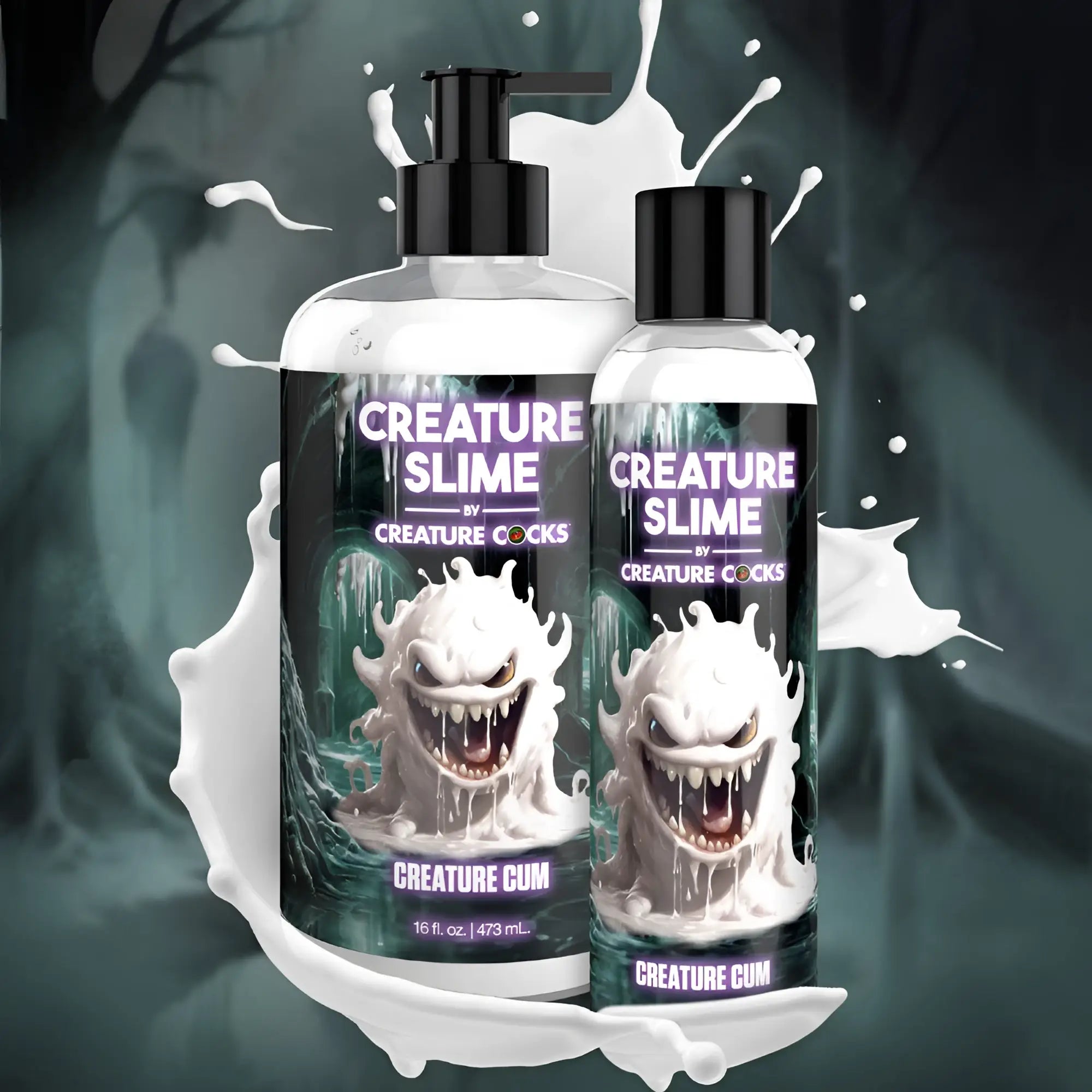 Two bottles of Creature Slime lubricant against a dark forest backdrop with a white fluid splash effect.