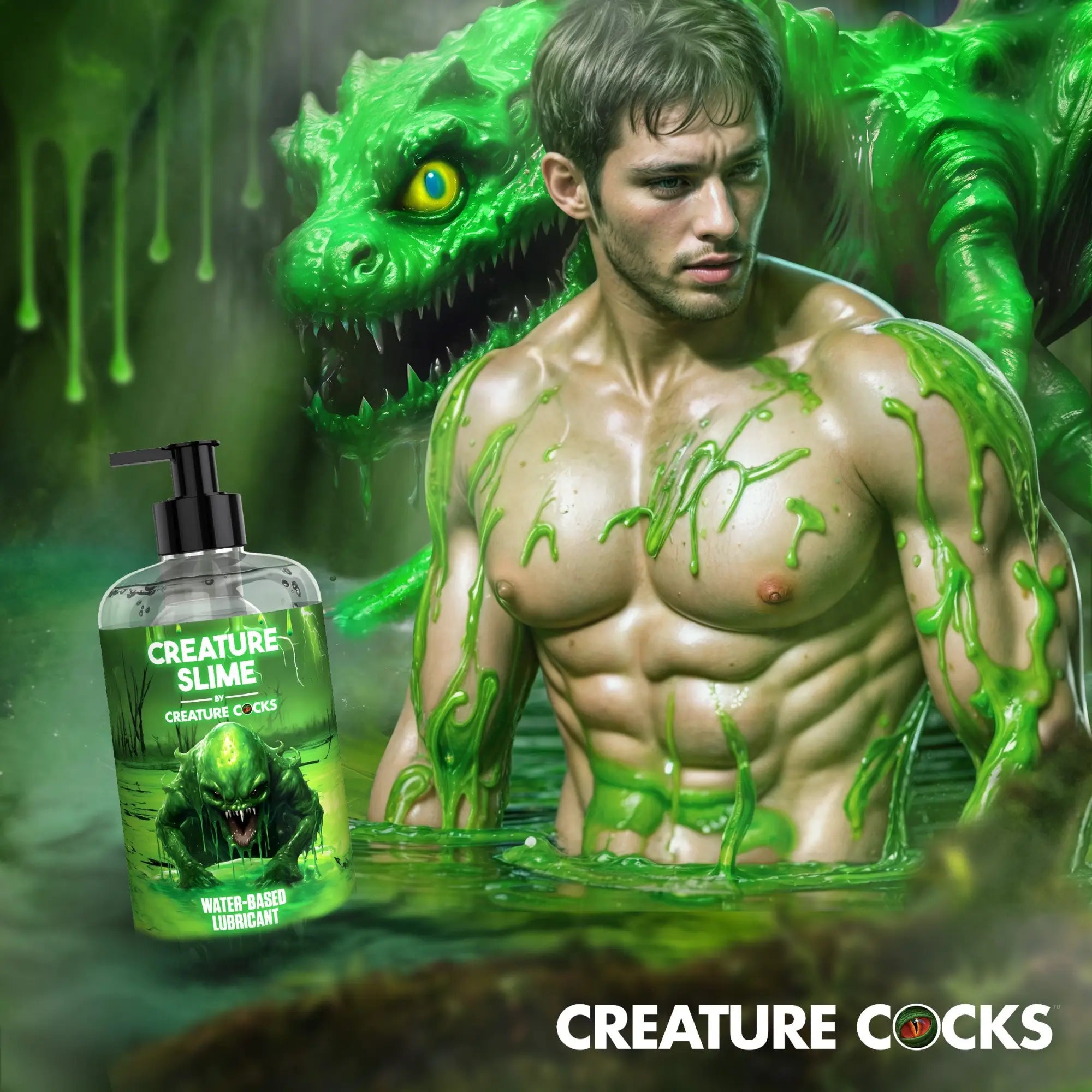 Creature Slime water-based lubricant bottle with a muscular man covered in green slime next to a swamp monster.