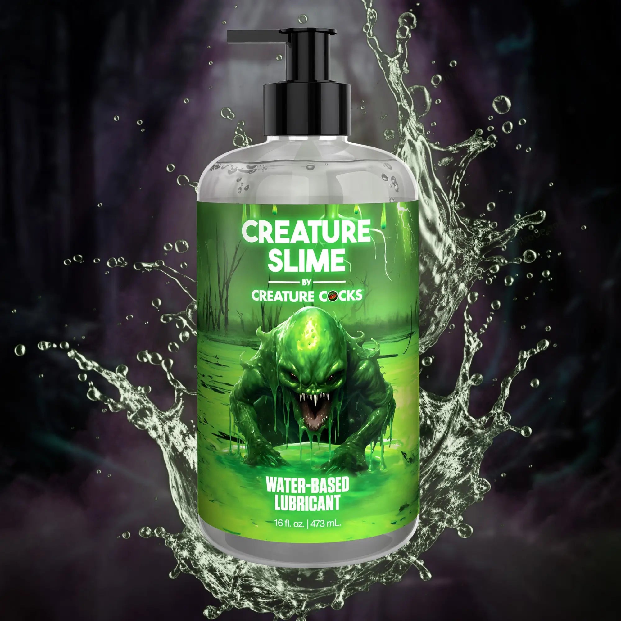 Creature Slime water-based lubricant bottle with a green swamp monster label, surrounded by a green liquid splash.
