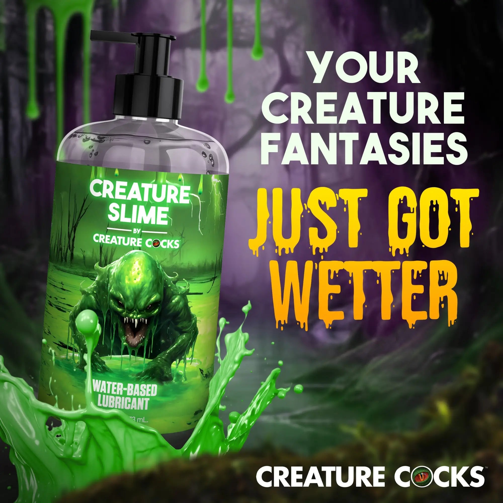 Creature Cocks Creature Slime water-based lubricant in a pump bottle featuring a green swamp monster graphic.
