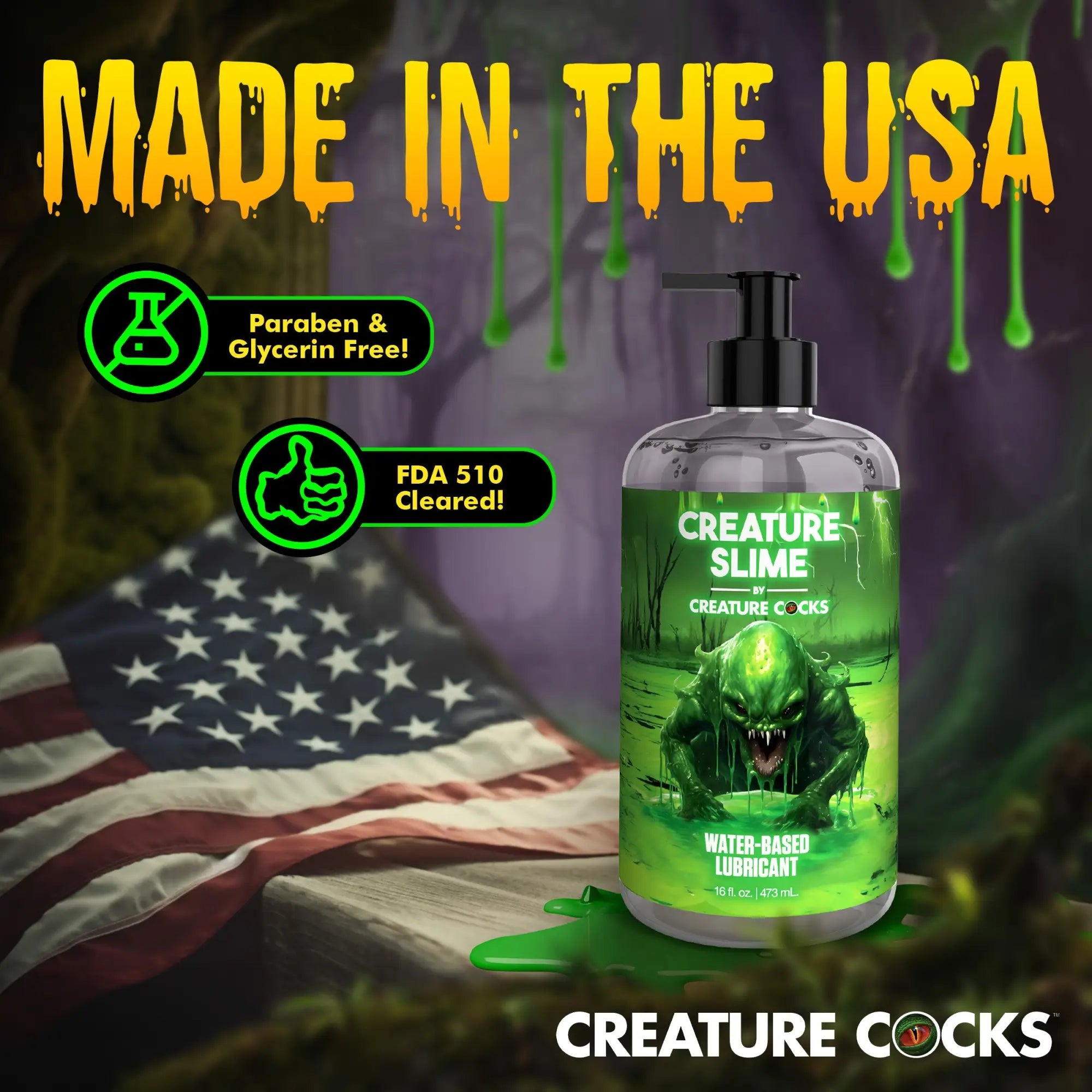 Creature Slime water-based lubricant in a pump bottle featuring a green monster graphic, set against a USA flag background.
