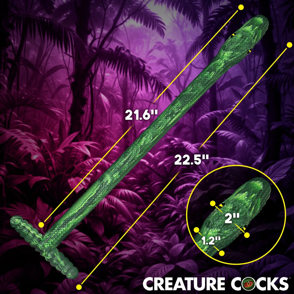 Creature Cocks Slither green silicone snake-themed dildo shown with length and width dimensions against a jungle backdrop.