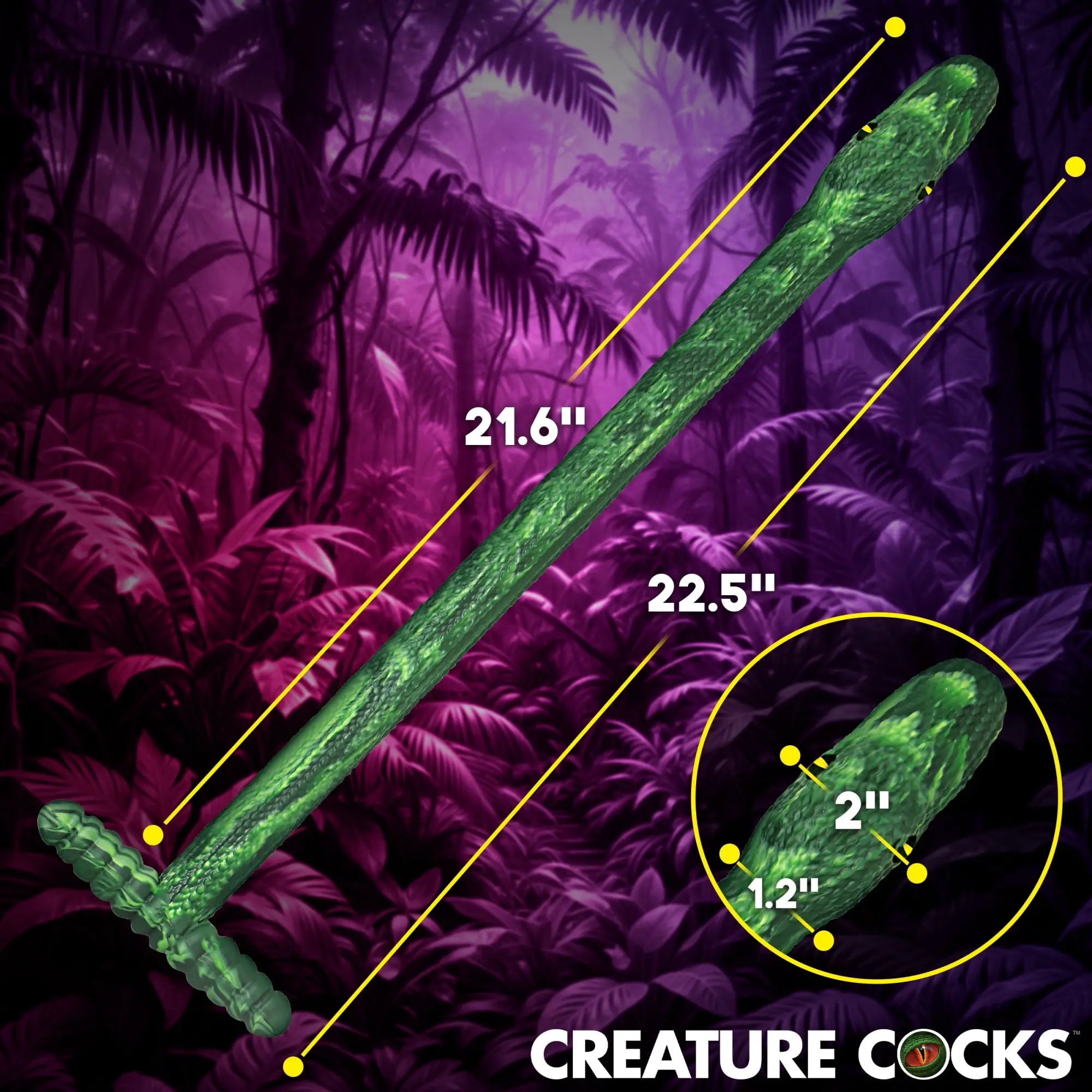 Creature Cocks Slither green silicone snake-themed dildo shown with length and width dimensions against a jungle backdrop.