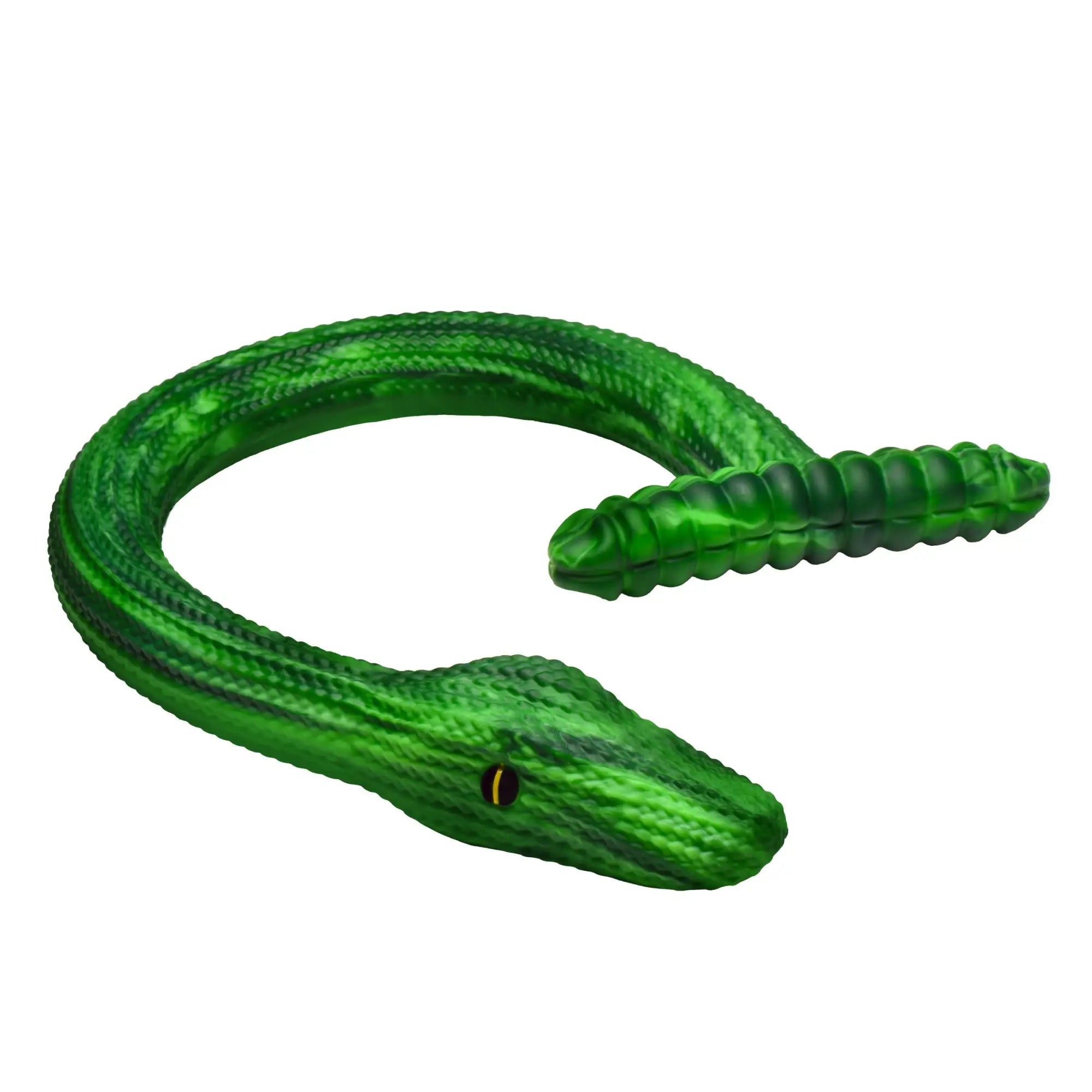 Creature Cocks Slither silicone dildo: a textured green, snake-shaped toy with realistic scales and a yellow eye.