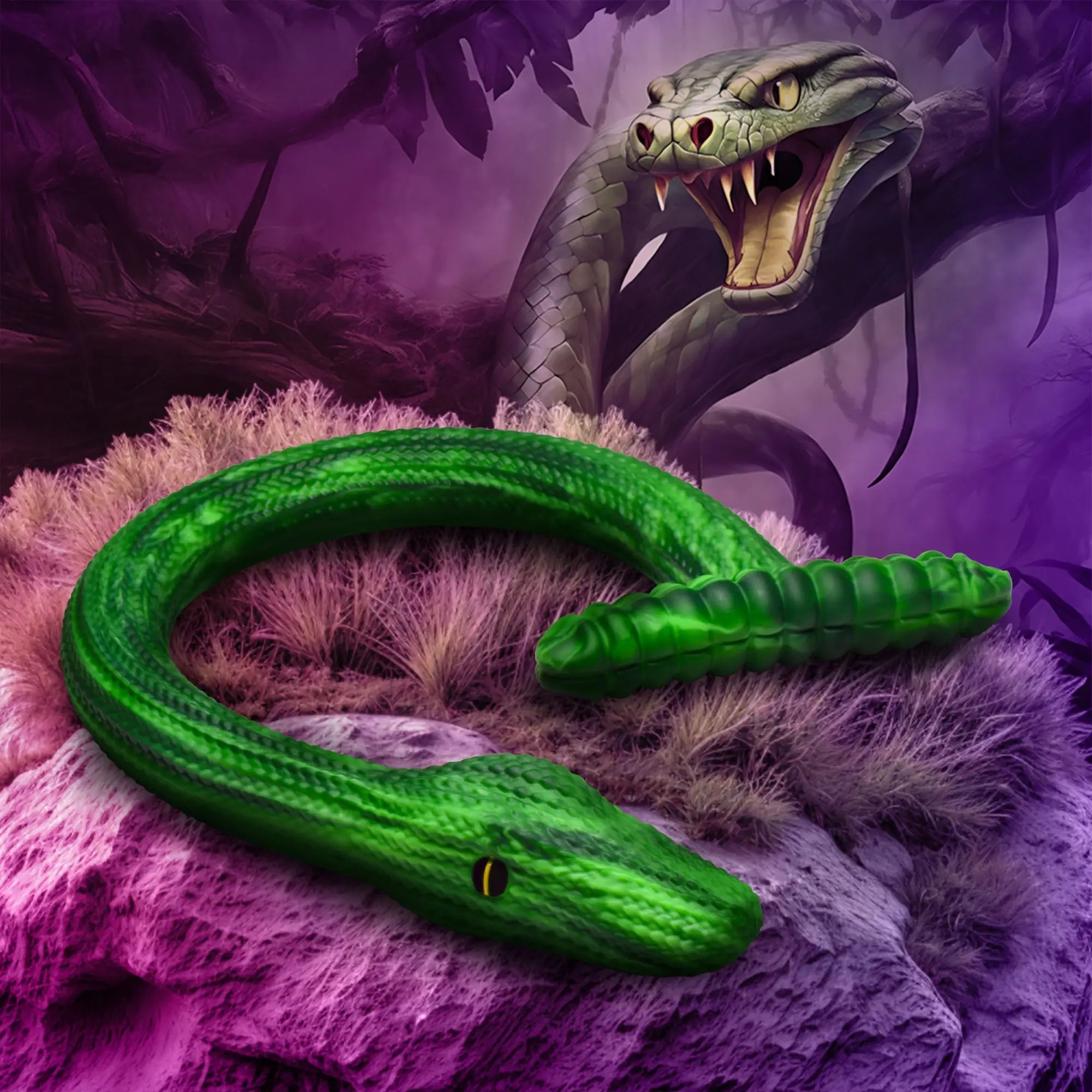 Creature Cocks Slither: A bright green, textured, snake-shaped silicone dildo resting on a rock in a jungle.