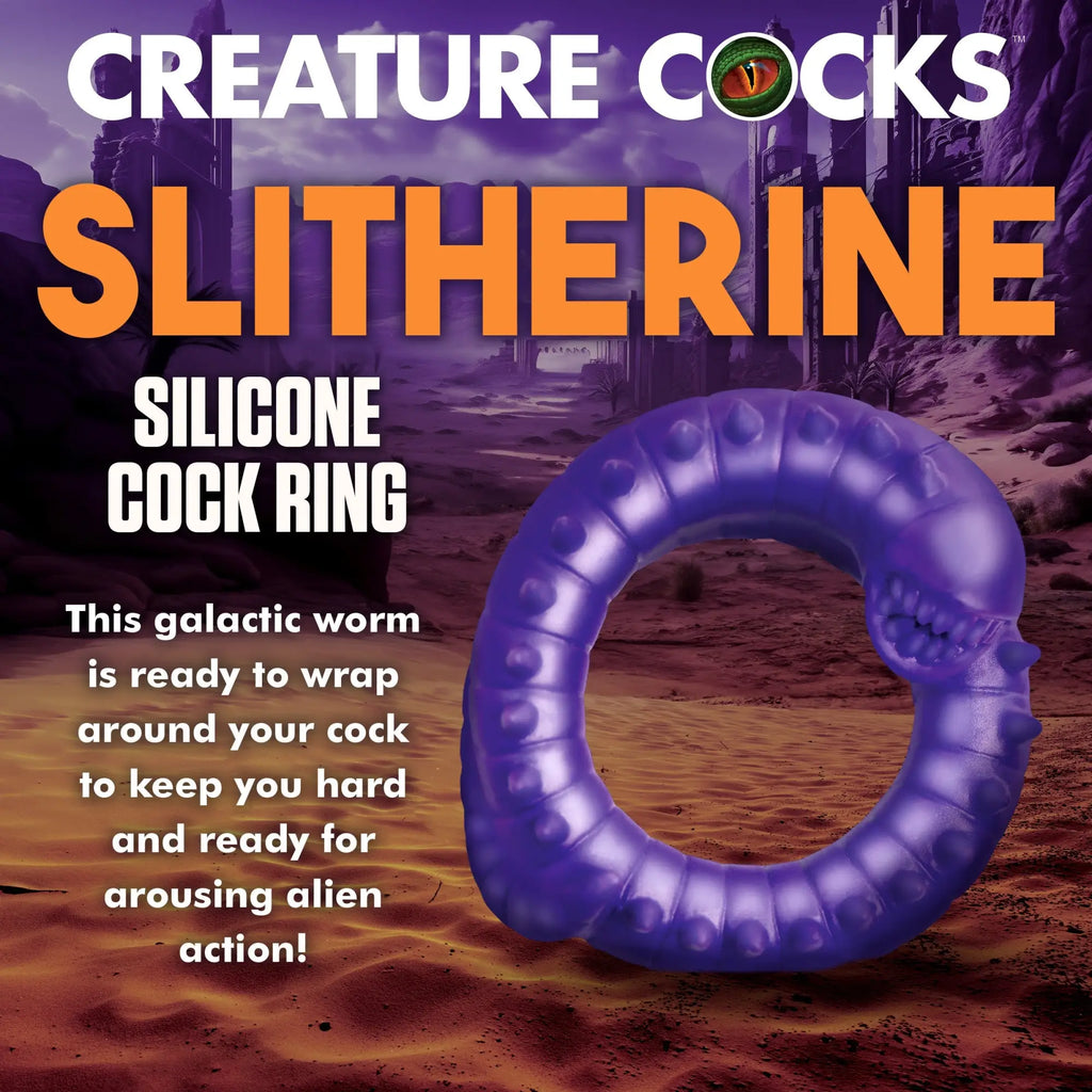 Creature Cocks Slitherine: A purple, textured silicone cock ring shaped like a segmented, alien worm with a mouth.
