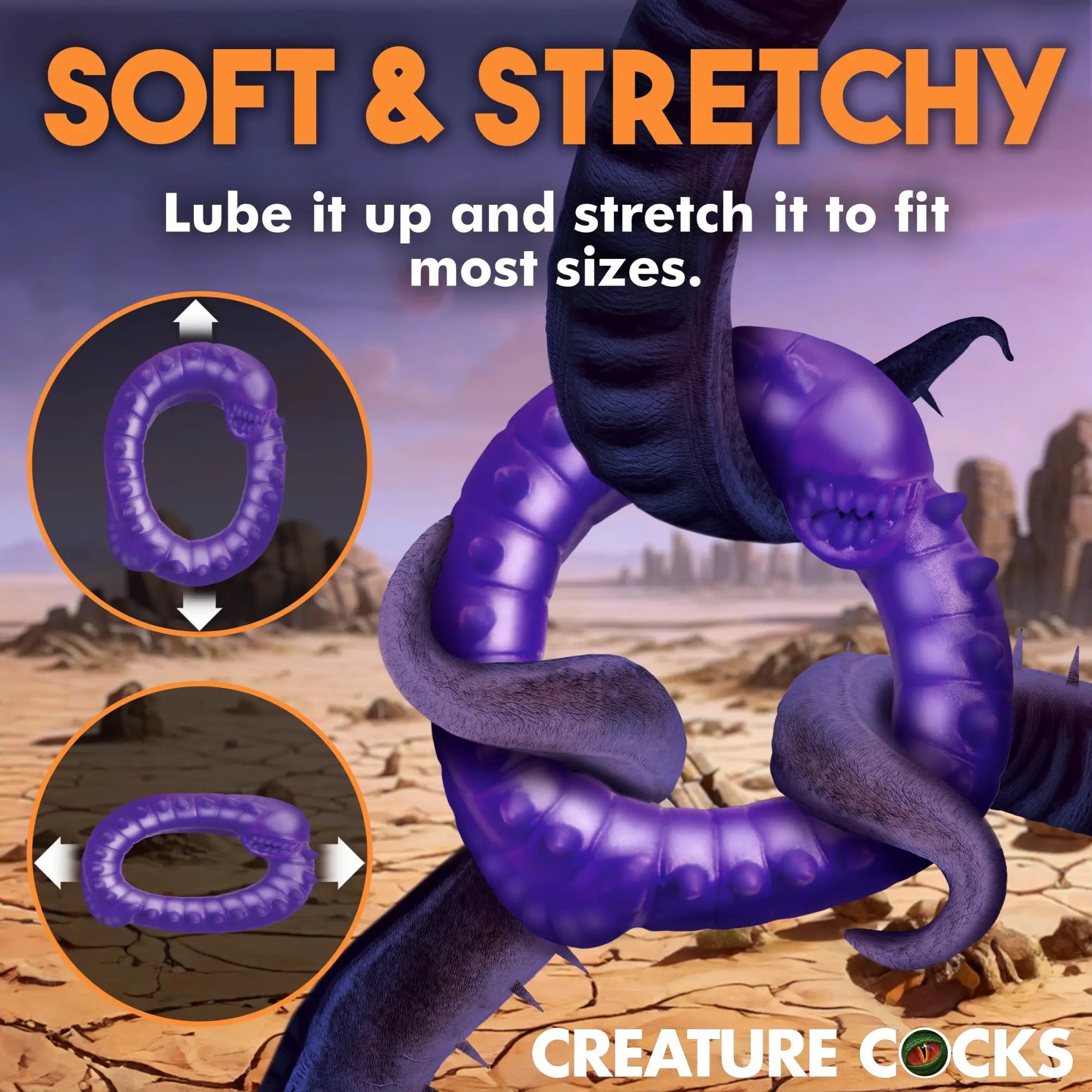 Purple Creature Cocks Slitherine silicone cock ring featuring a monster-like design, shown stretched in a desert setting.