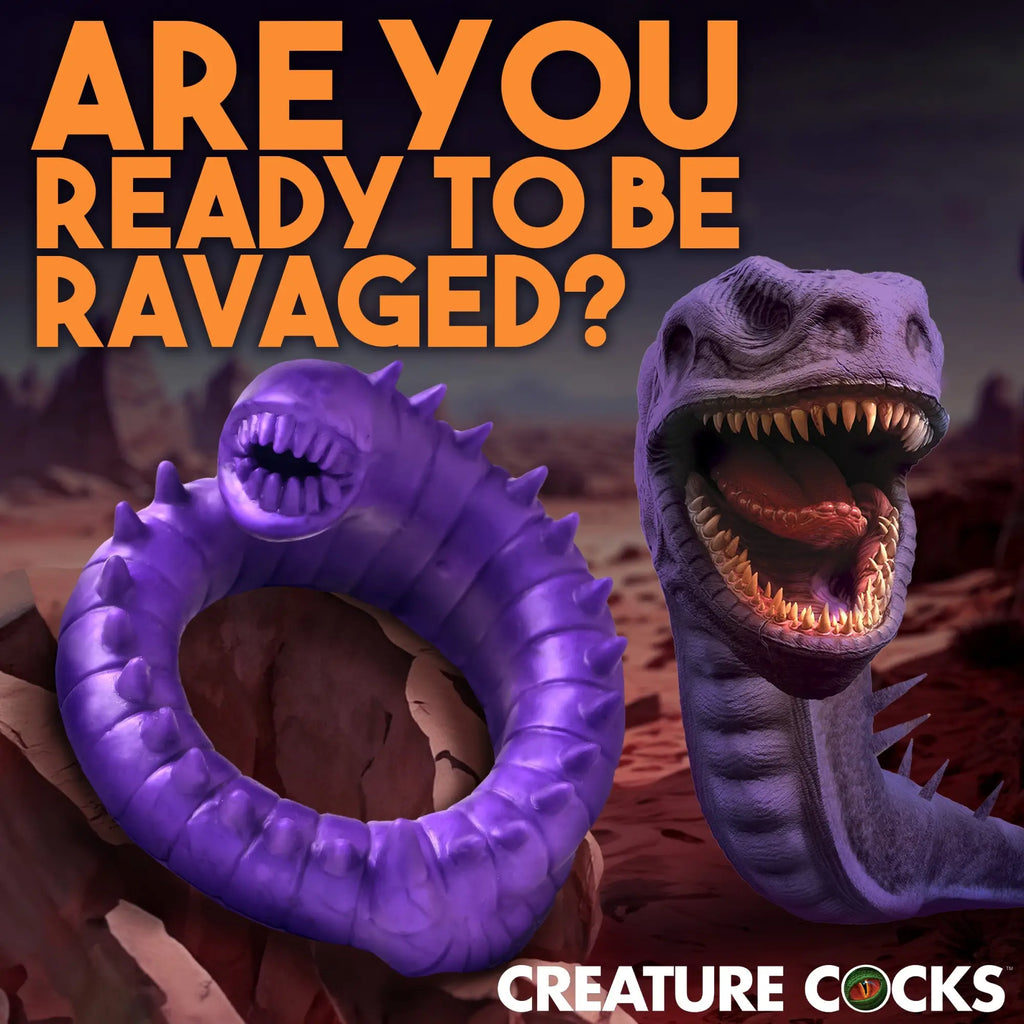 Creature Cocks Slitherine purple silicone cock ring shaped like a monster with spikes, next to a matching creature head.