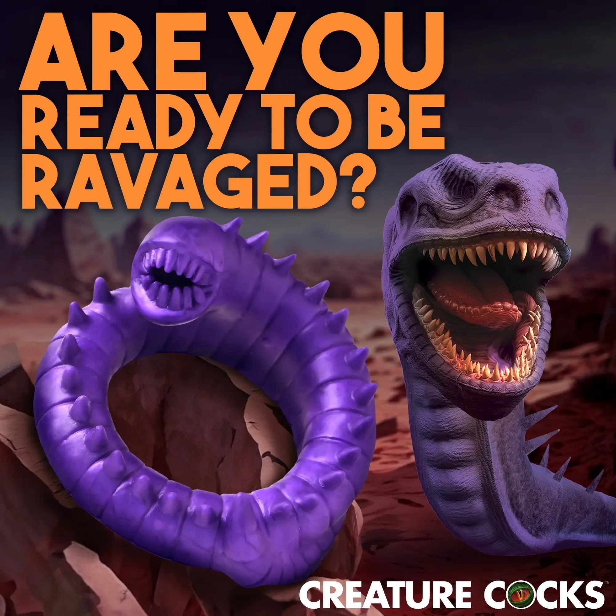 Creature Cocks Slitherine purple silicone cock ring shaped like a monster with spikes, next to a matching creature head.