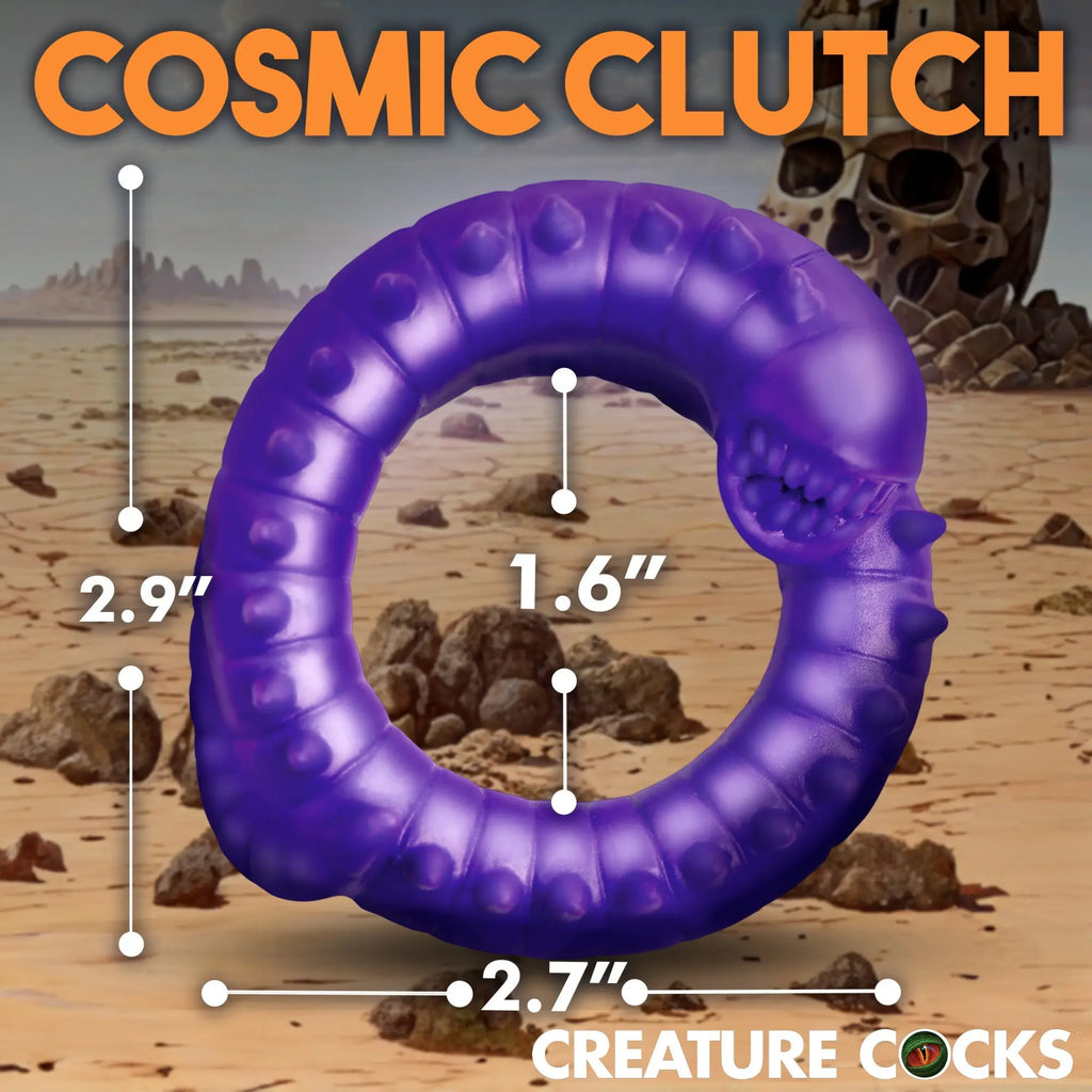 Creature Cocks Slitherine purple silicone cock ring in a segmented, worm-like design with a monster head and dimensions.