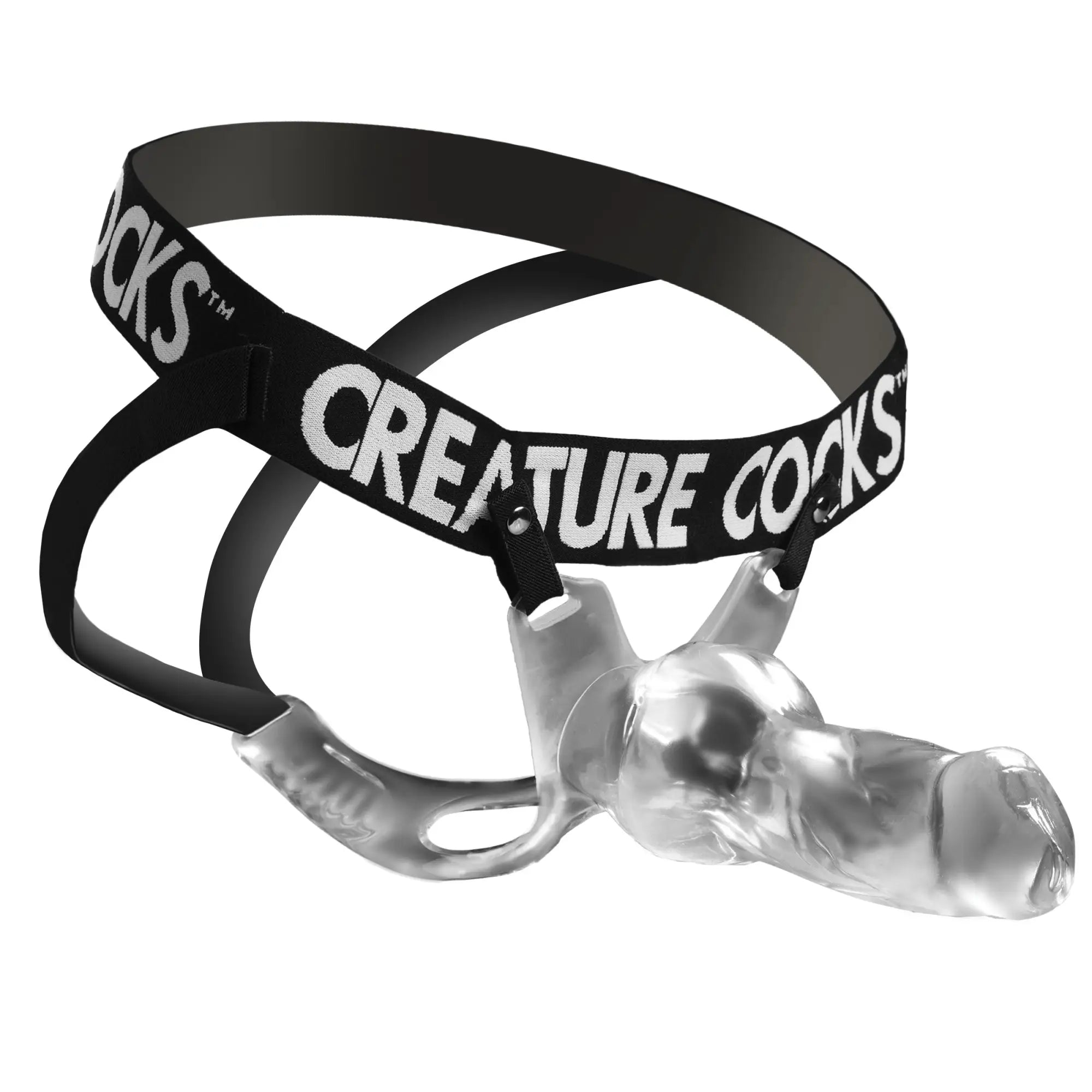 Creature Cocks Snow Wolf clear, textured hollow strap-on dildo with a black branded elastic harness on white background.