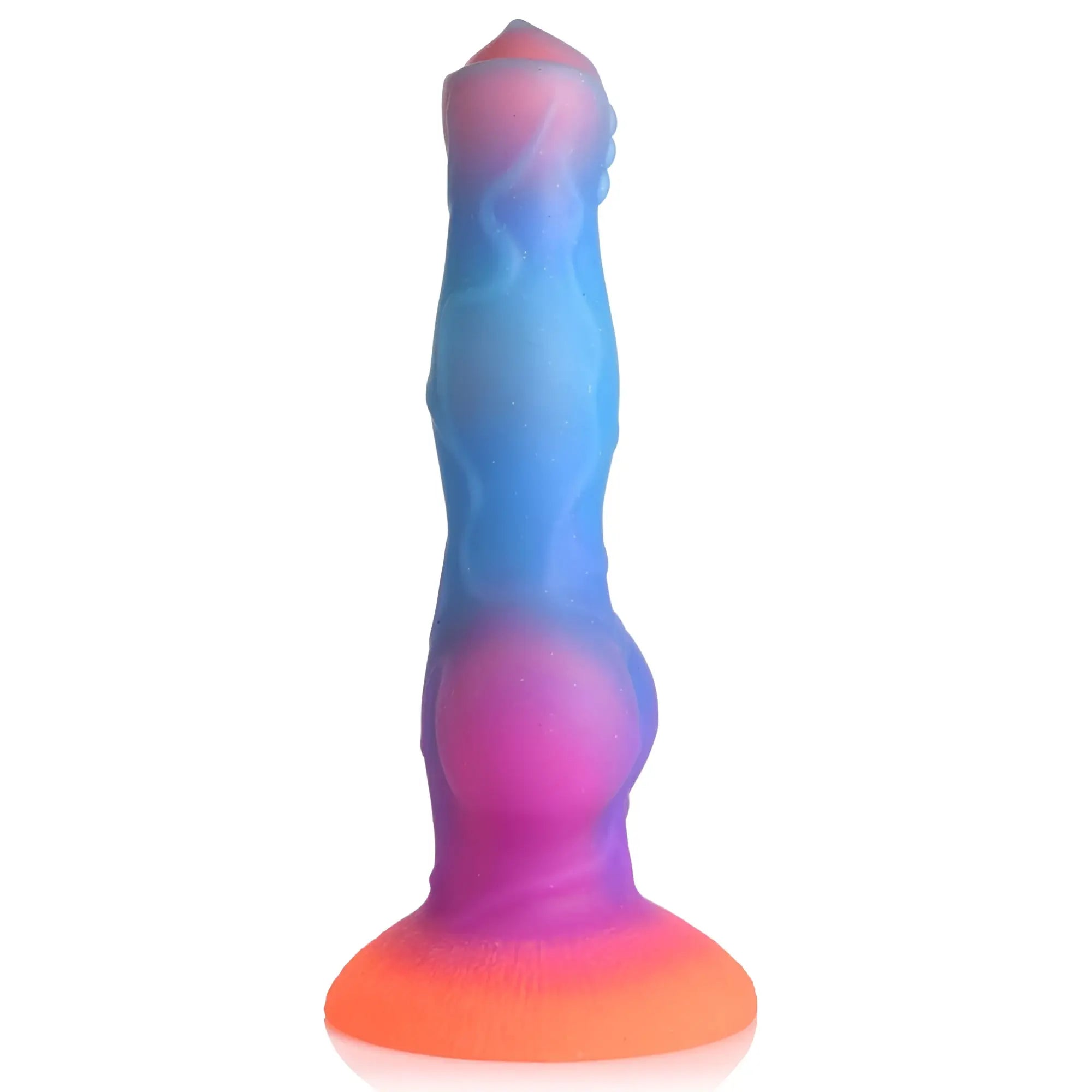 Creature Cocks Space Cock glow-in-the-dark silicone dildo with textured alien design in a pink, blue, and orange gradient.