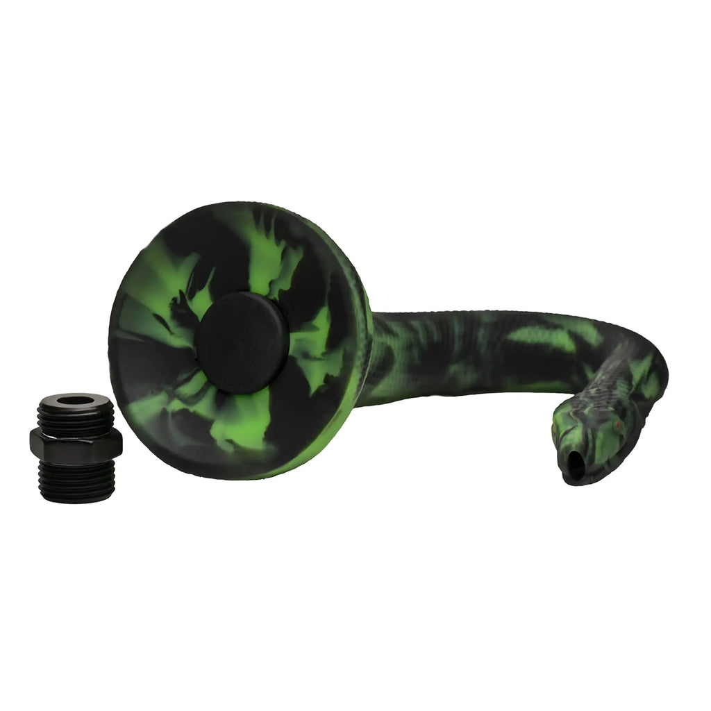 Creature Cocks Spitting Serpent black and green marbled silicone enema snake with a separate black threaded adapter.