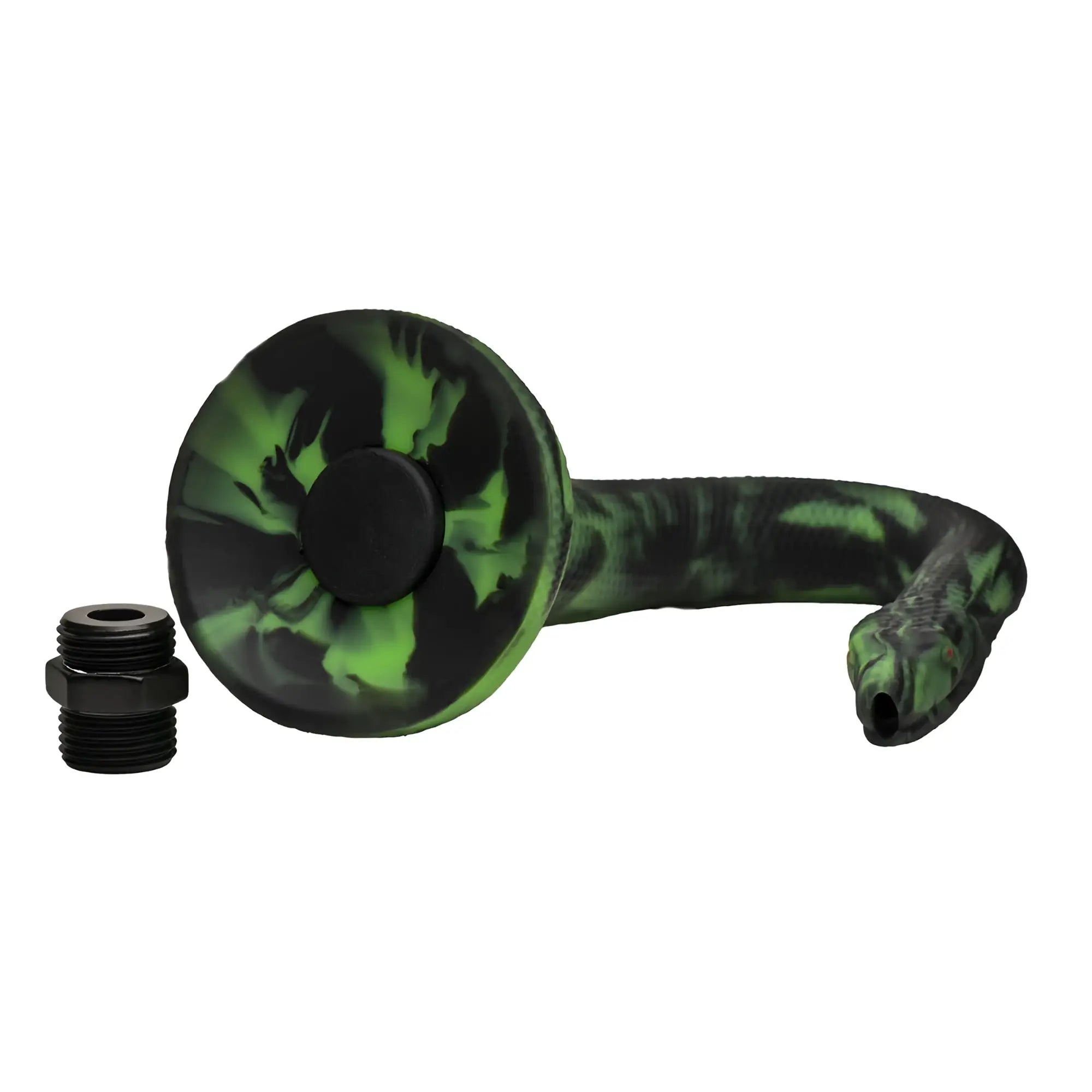 Creature Cocks Spitting Serpent black and green marbled silicone enema snake with a separate black threaded adapter.