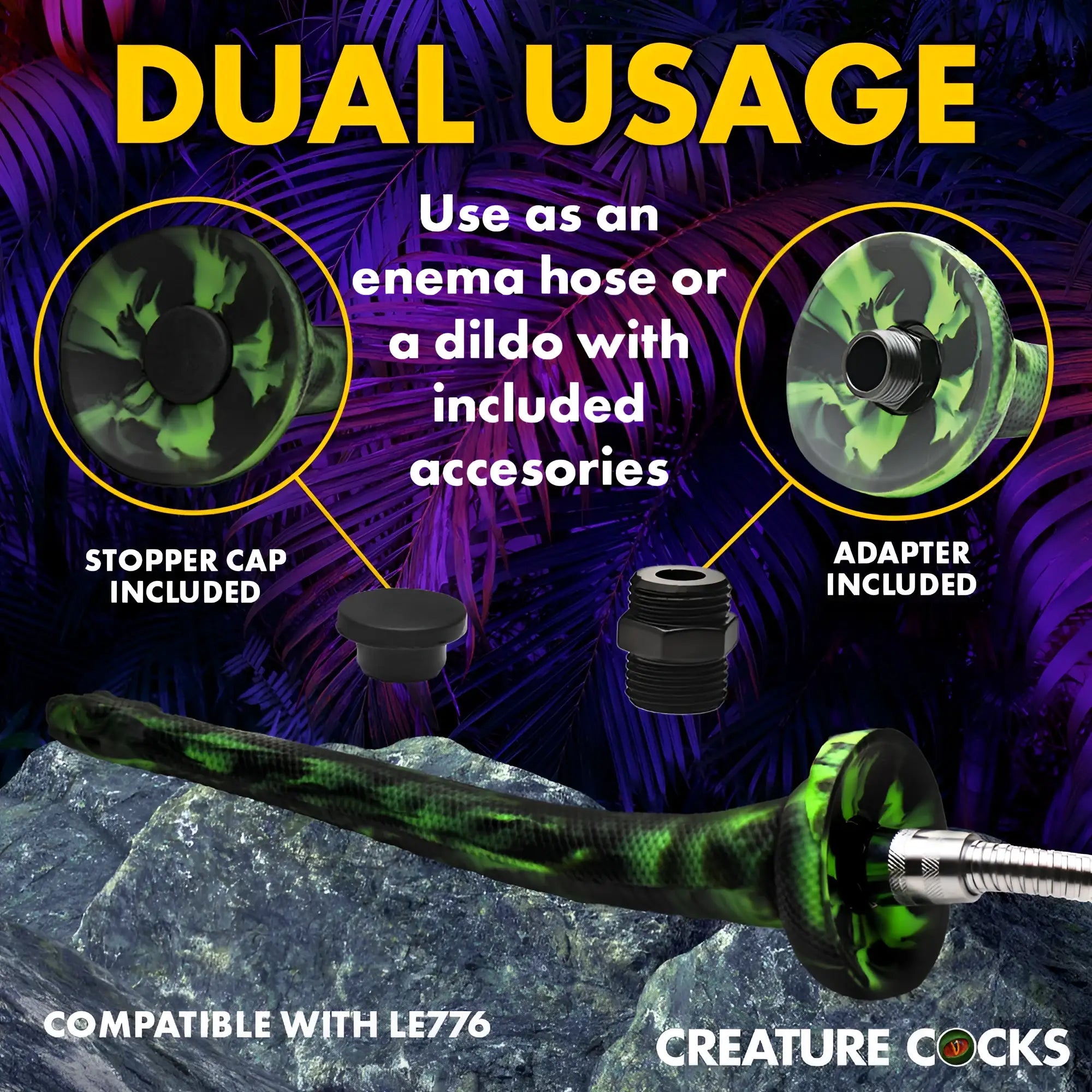 Creature Cocks Spitting Serpent: A black and green marble-patterned silicone snake toy with enema and dildo adapters.