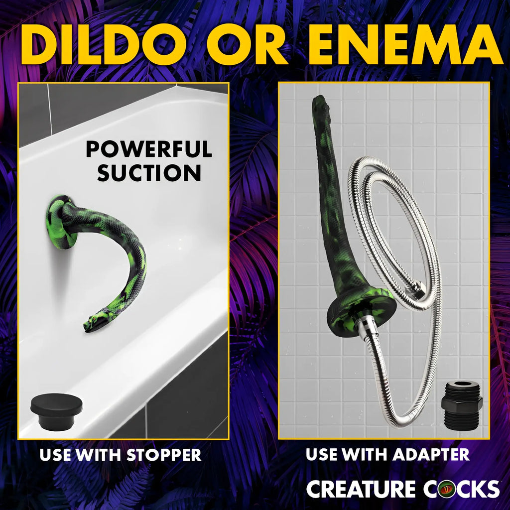 Creature Cocks Spitting Serpent: A green-black patterned snake toy shown with a suction cup, stopper, and hose adapter.