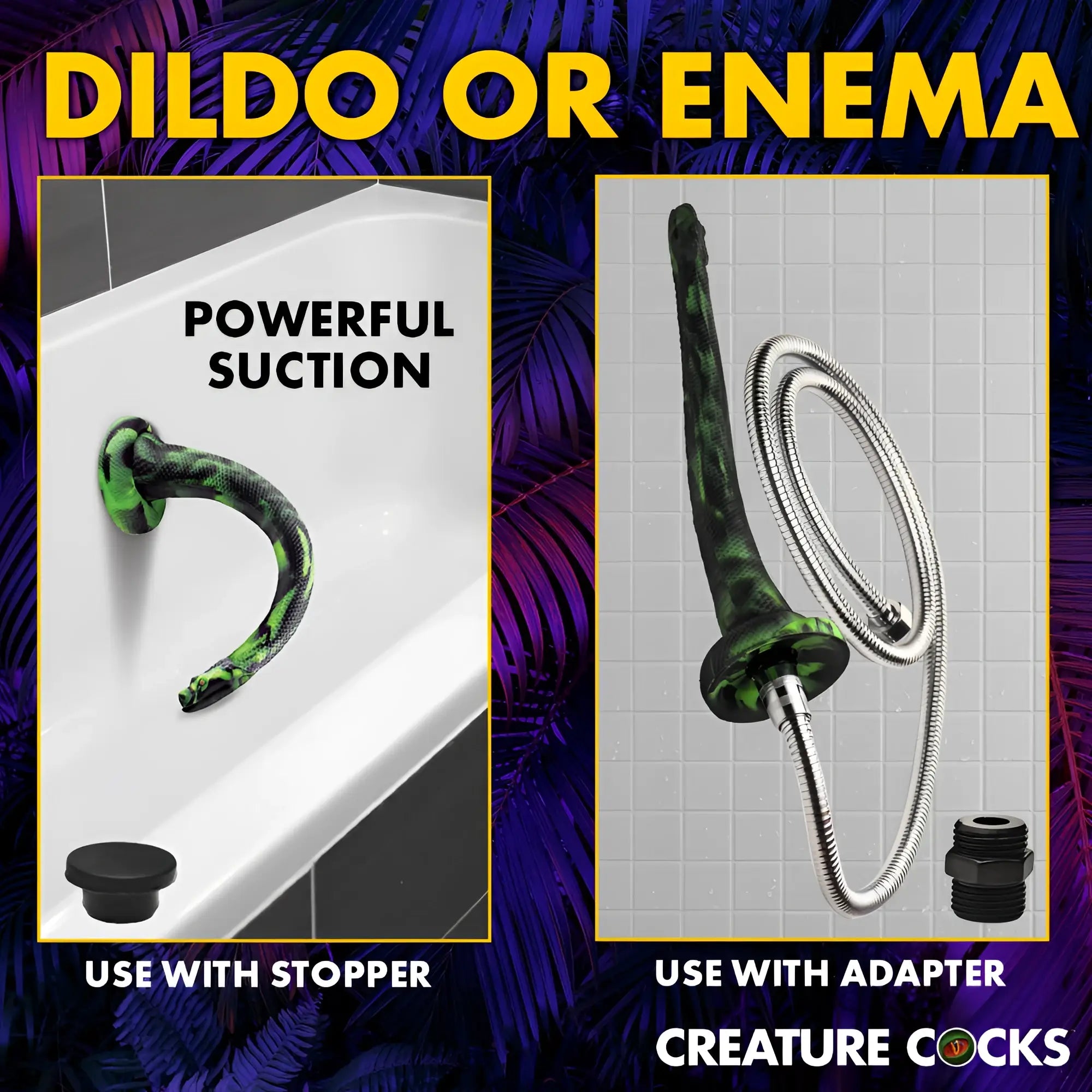 Creature Cocks Spitting Serpent: A green-black patterned snake toy shown with a suction cup, stopper, and hose adapter.