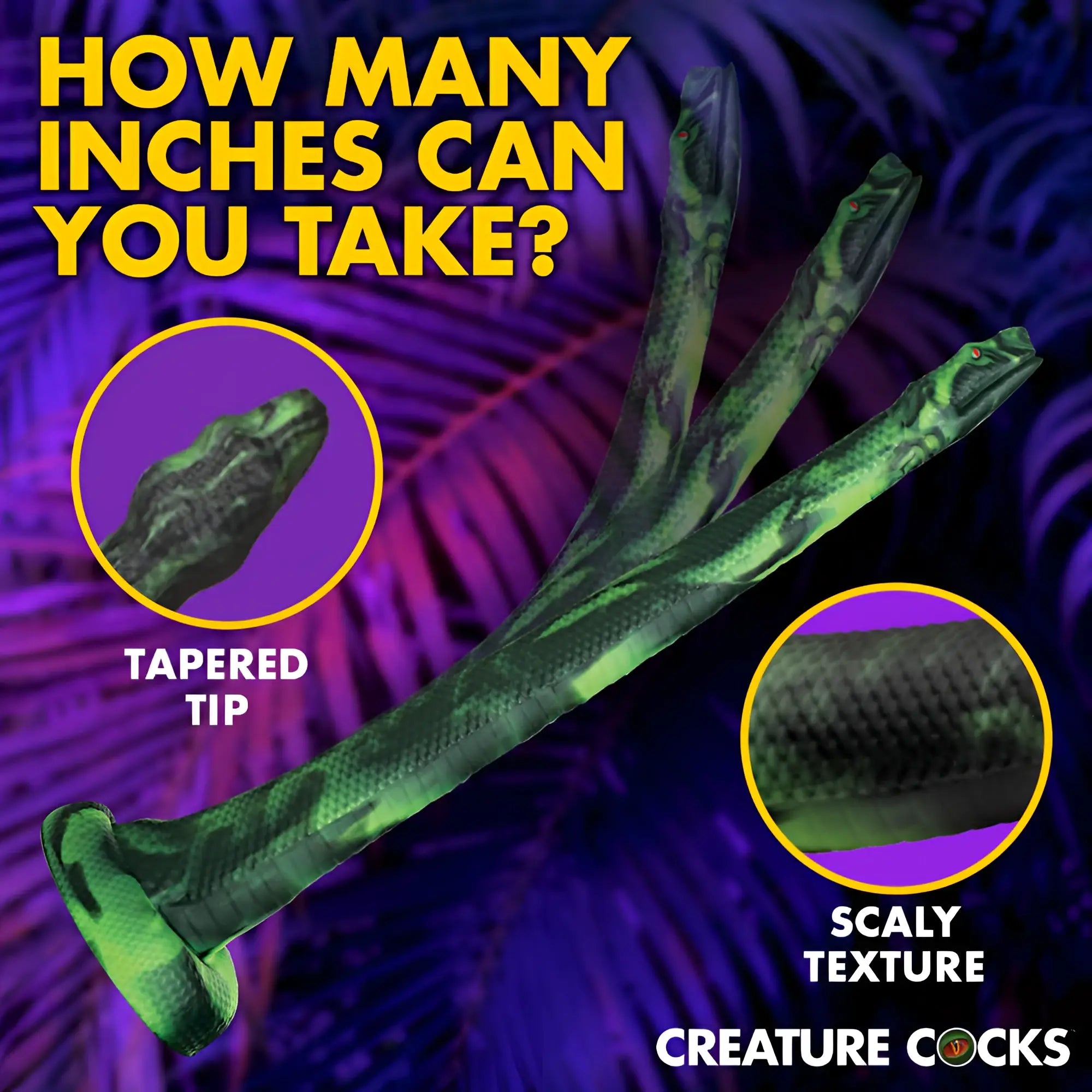 Creature Cocks Spitting Serpent: a green, black-patterned silicone snake enema with a tapered head and scaly texture.