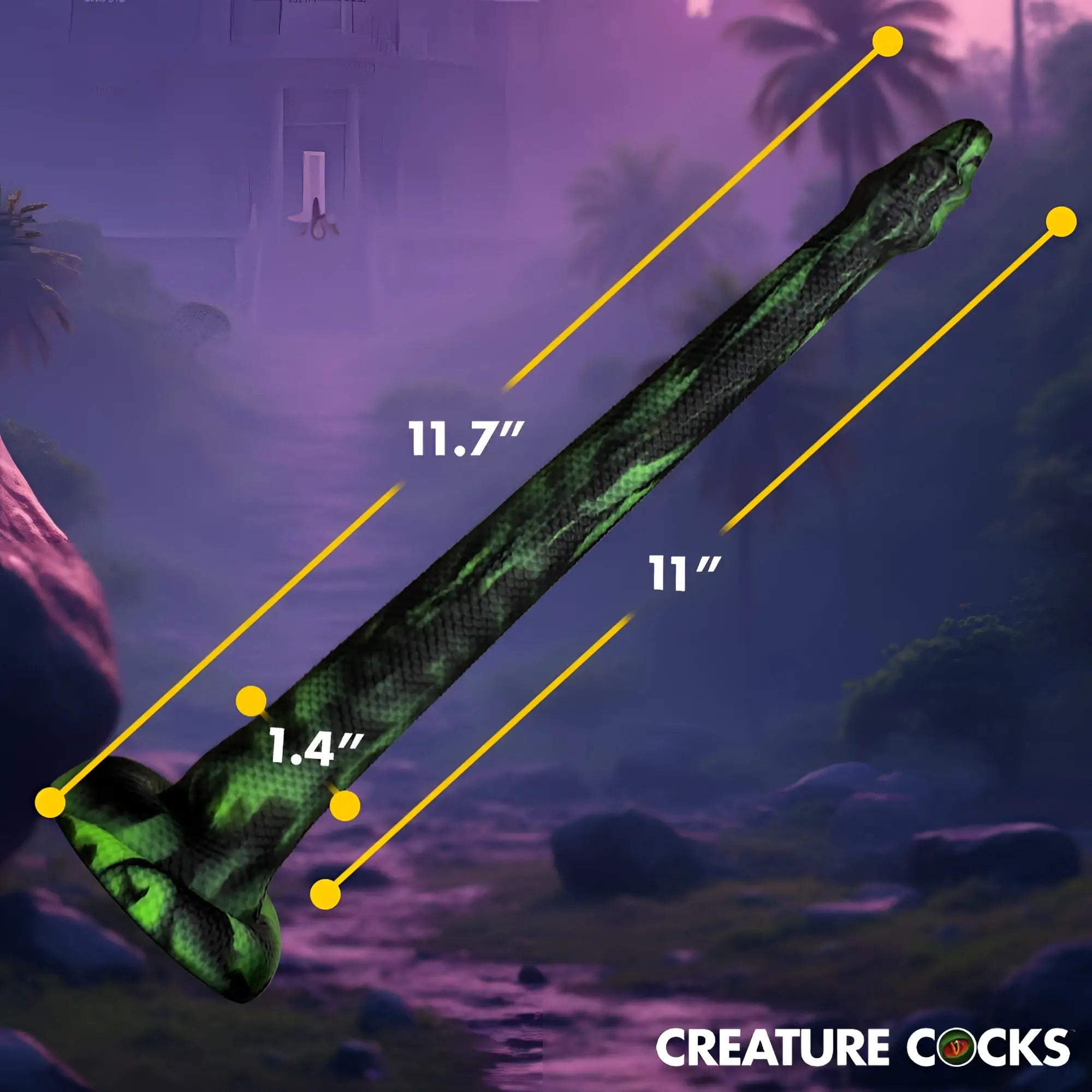 Creature Cocks Spitting Serpent: a green-and-black marbled silicone snake toy with size measurements overlaid.