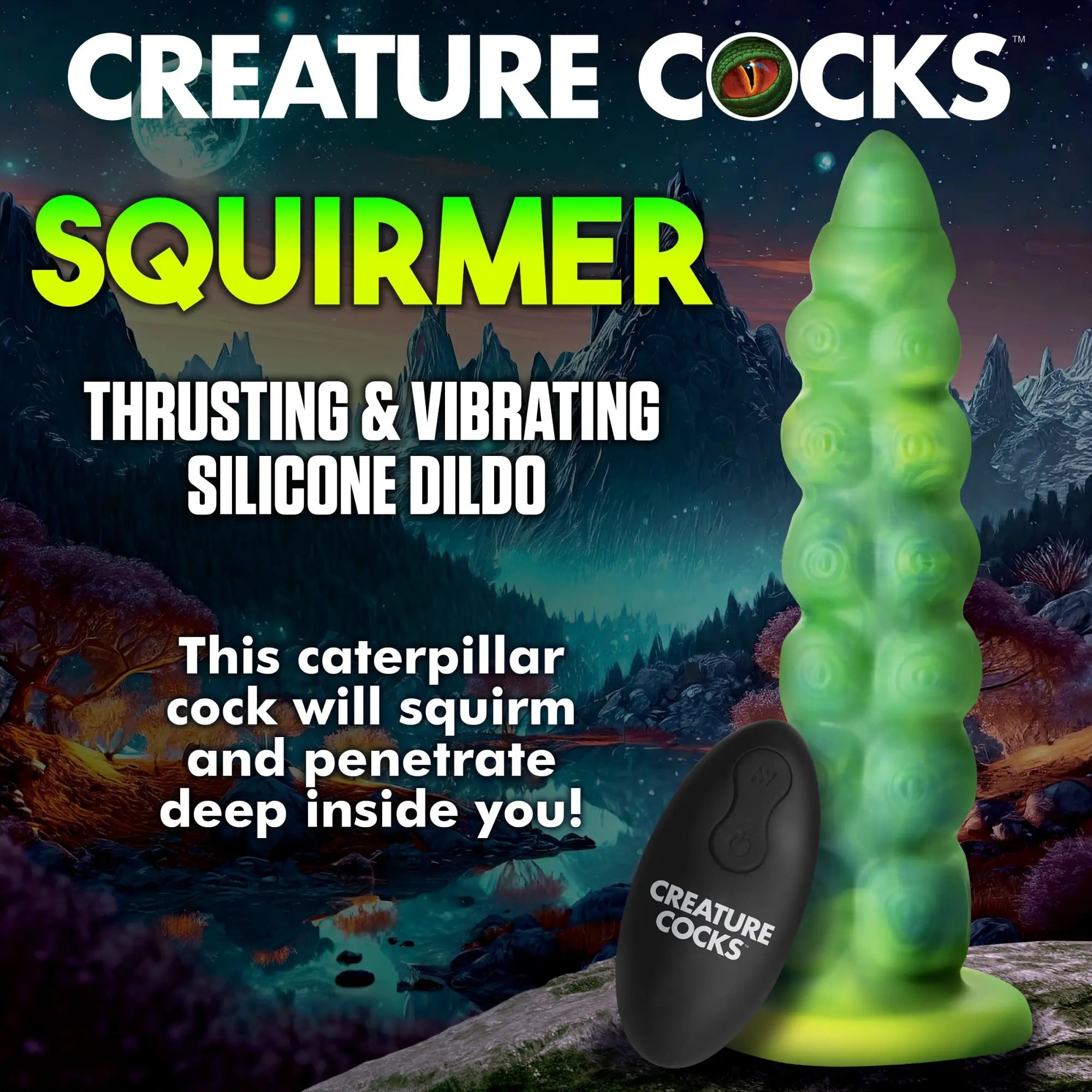 Creature Cocks Squirmer: A green, bumpy caterpillar-style silicone dildo with a black remote controller.