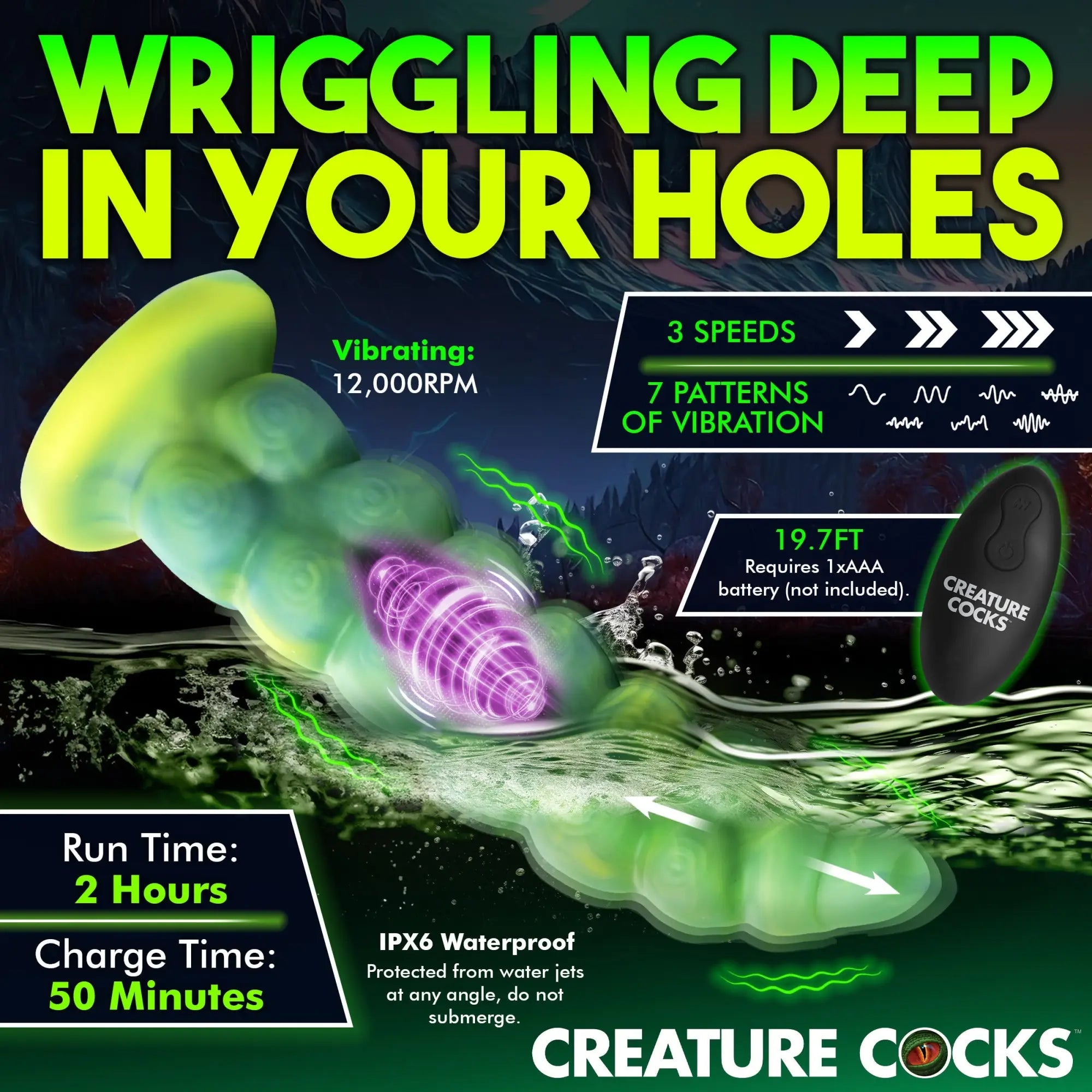 Creature Cocks Squirmer silicone dildo in green, featuring a textured, alien-inspired design with a wireless remote.