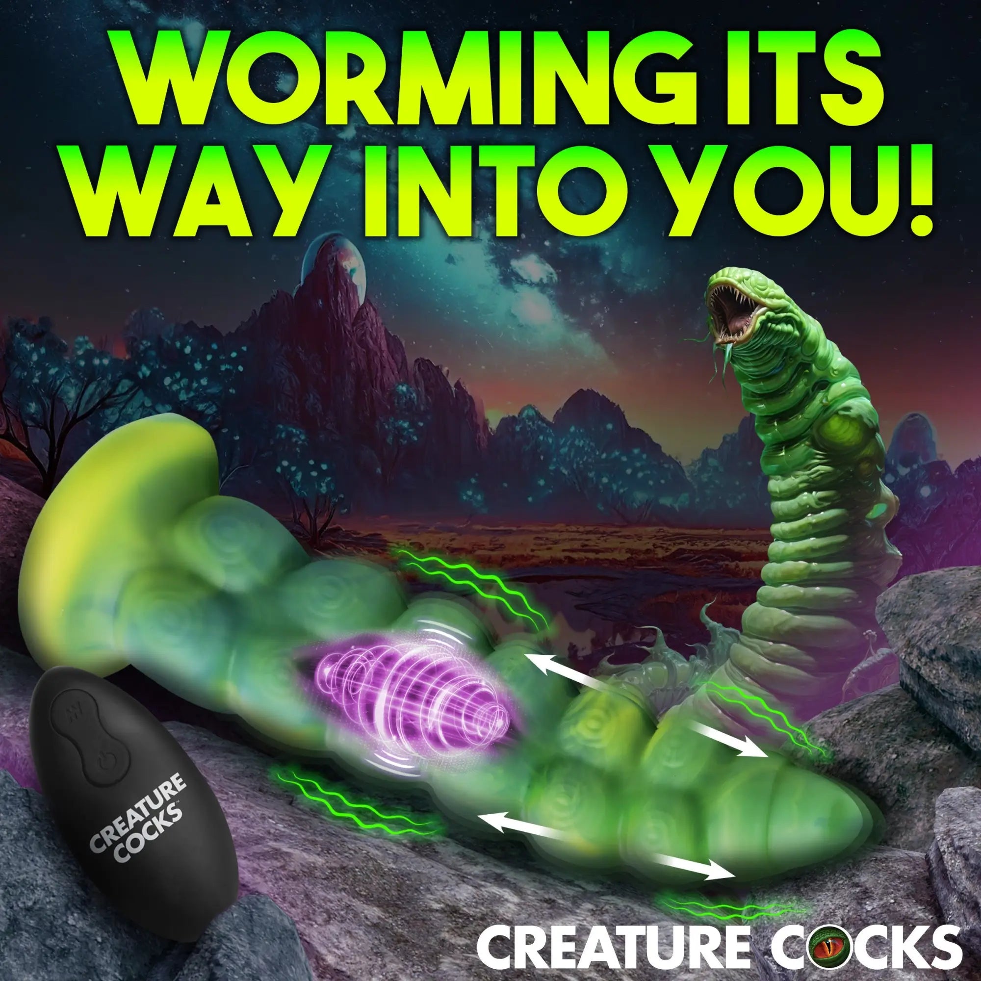 Creature Cocks Squirmer green silicone dildo with a worm-like design, shown with a black remote and alien landscape.
