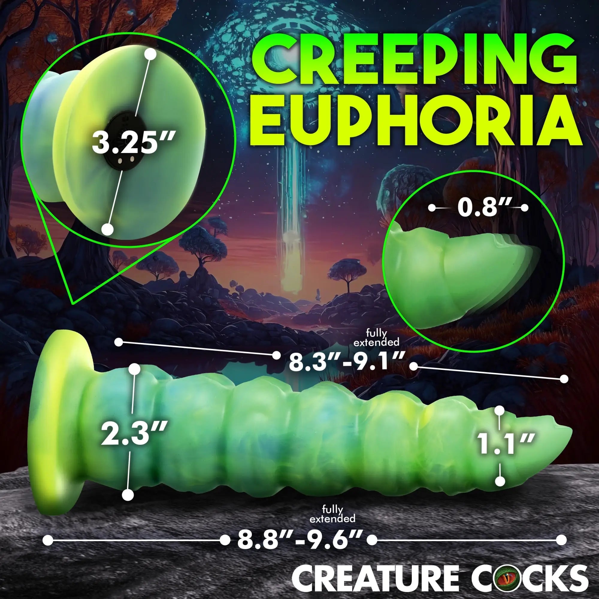 Creature Cocks Squirmer silicone dildo in marbled green. Textured, segmented, thrusting design with dimensions labeled.