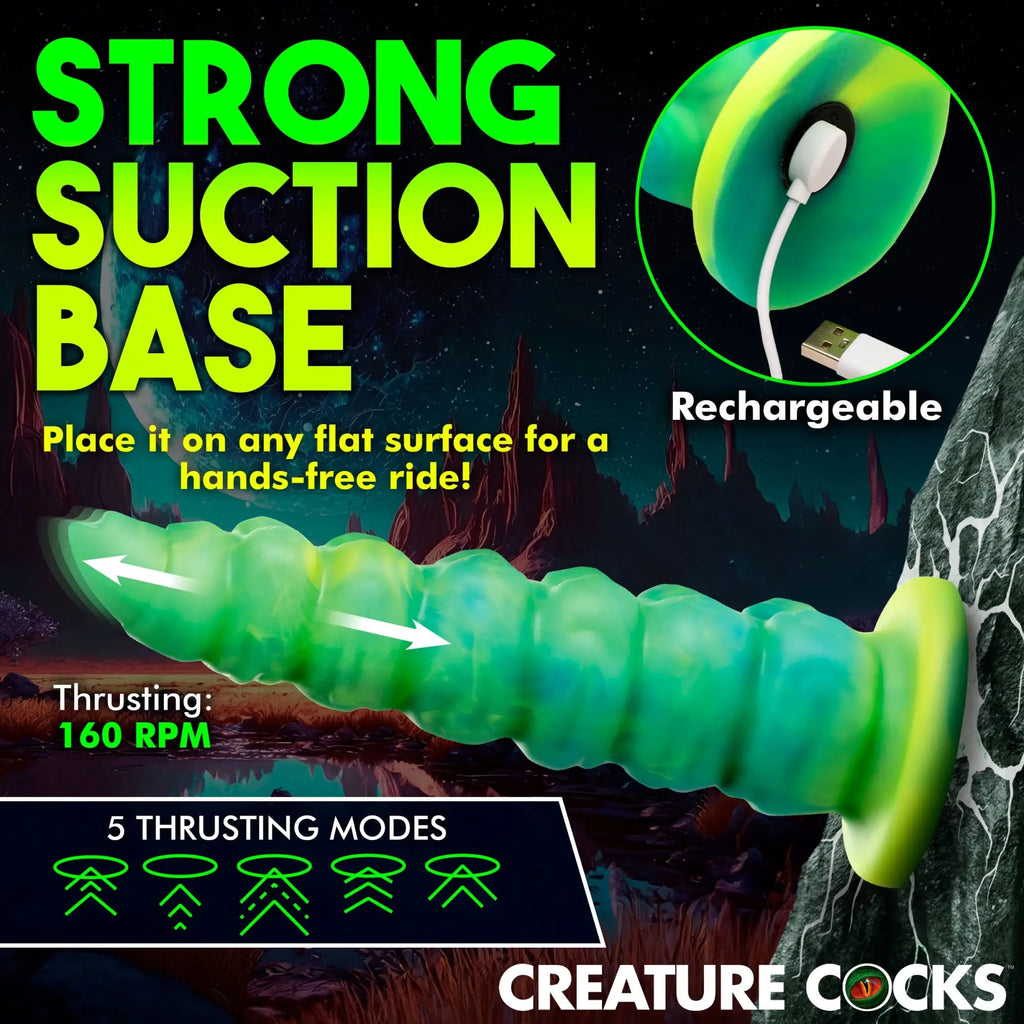Creature Cocks Squirmer dildo: Green, ribbed silicone design with suction base, charging port, and thrusting features.