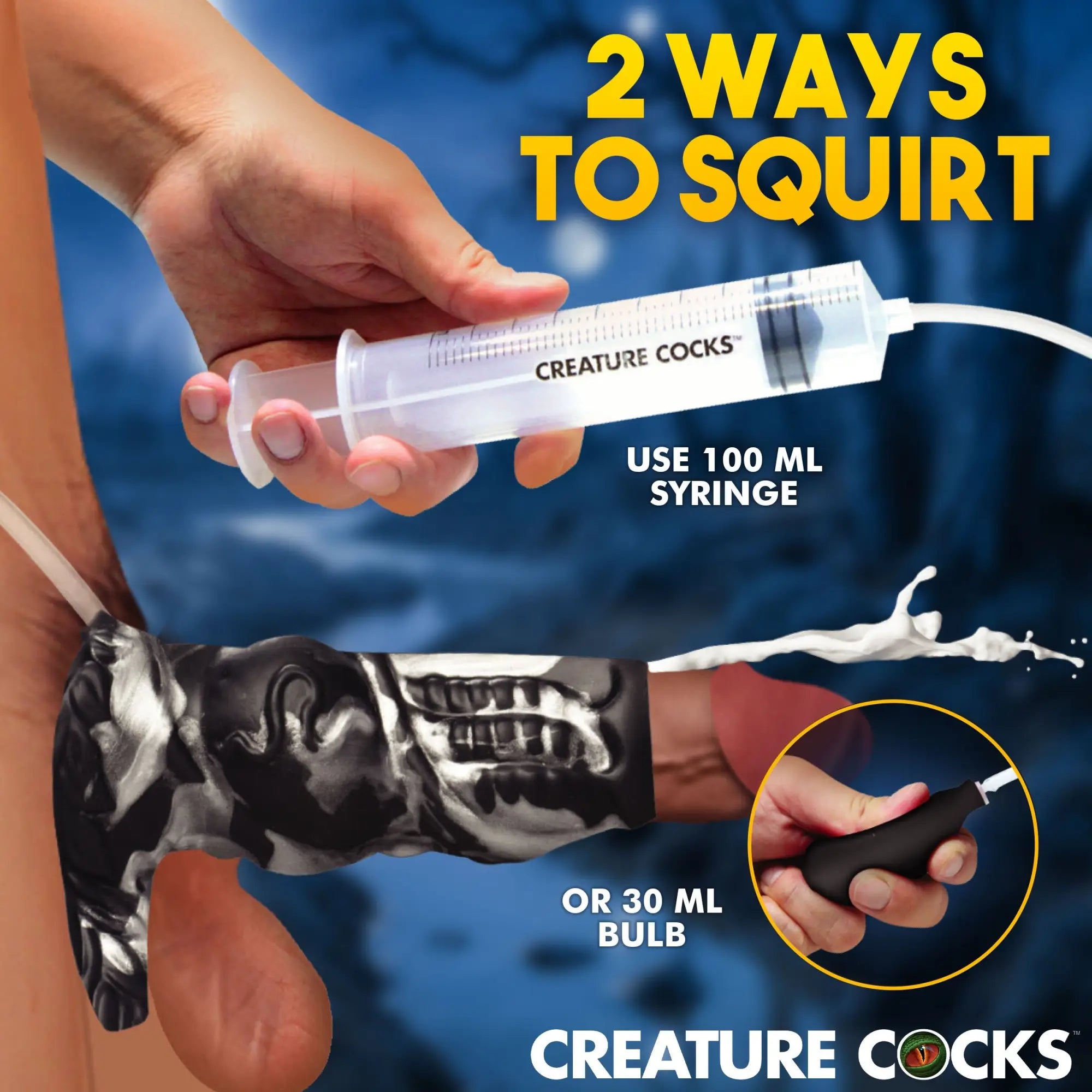 Creature Cocks silicone penis enhancer in black and white, showing a 100ml syringe and a 30ml bulb for squirting effect.