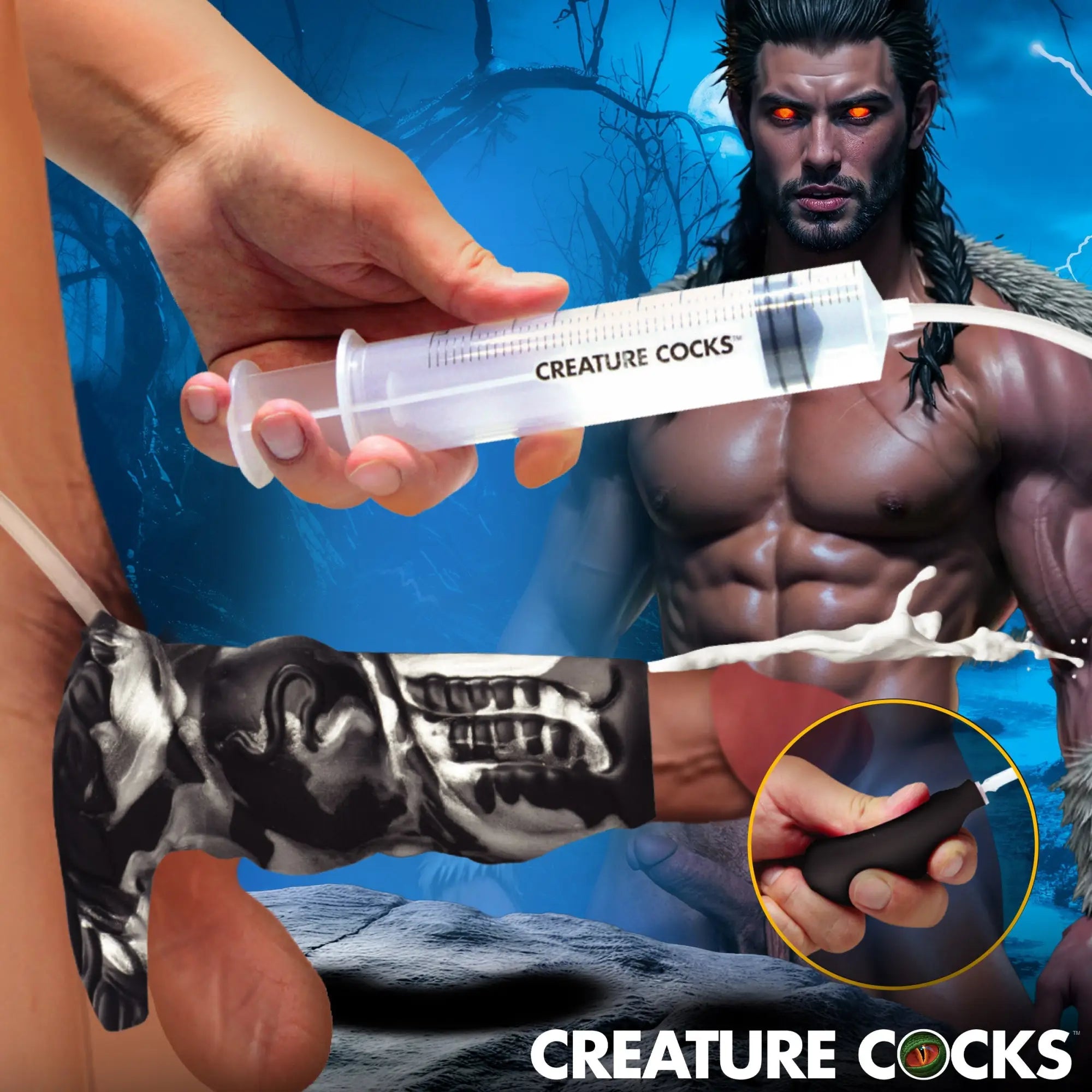 Creature Cocks squirting silicone enhancer: black/grey patterned sleeve, clear syringe, and black pump for fluid release.