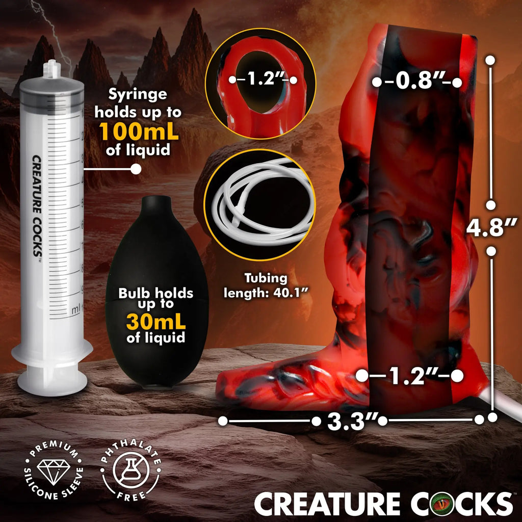 Creature Cocks red and black silicone squirting penis enhancer, includes syringe, bulb, and tubing with measurements.