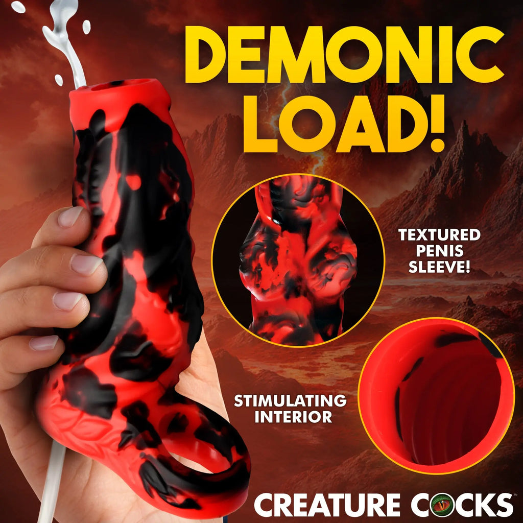 Creature Cocks squirting red and black silicone penis enhancer featuring a textured design and stimulating interior.