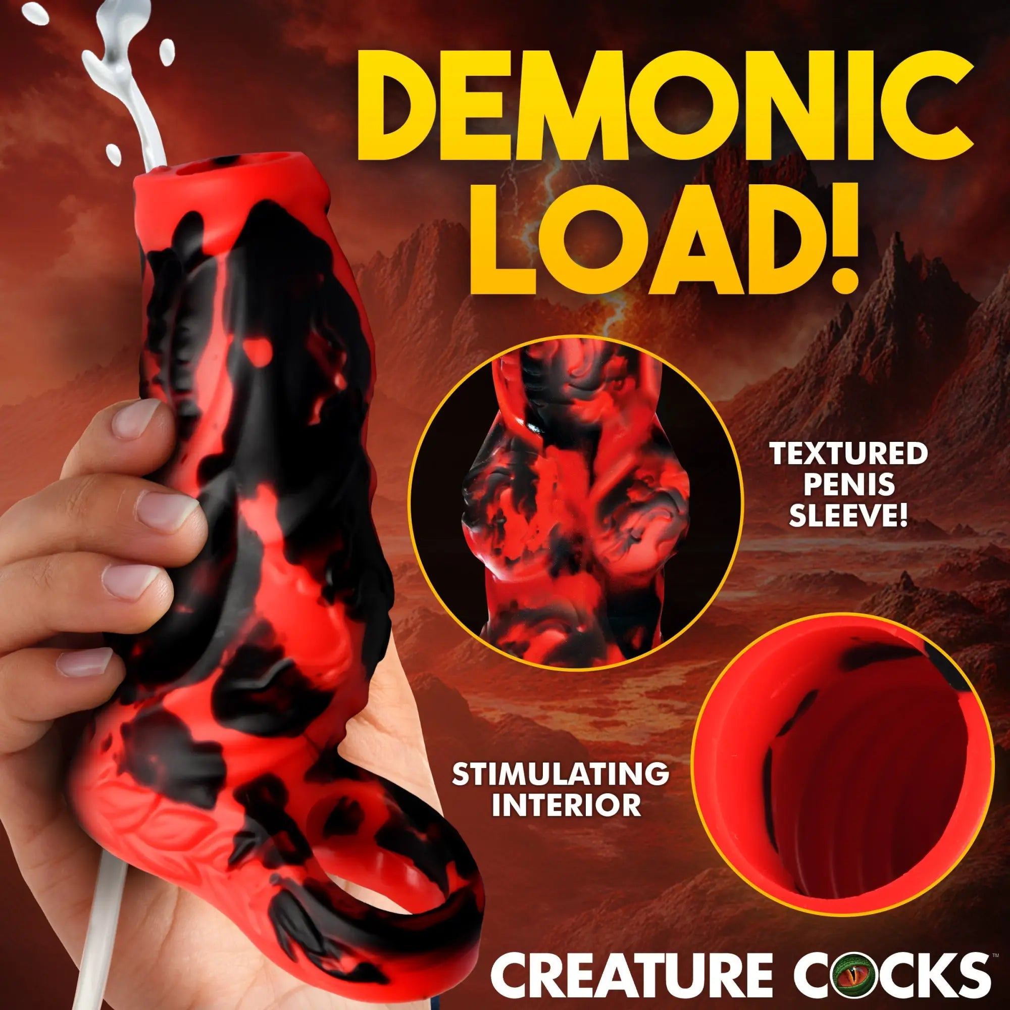 Creature Cocks squirting red and black silicone penis enhancer featuring a textured design and stimulating interior.