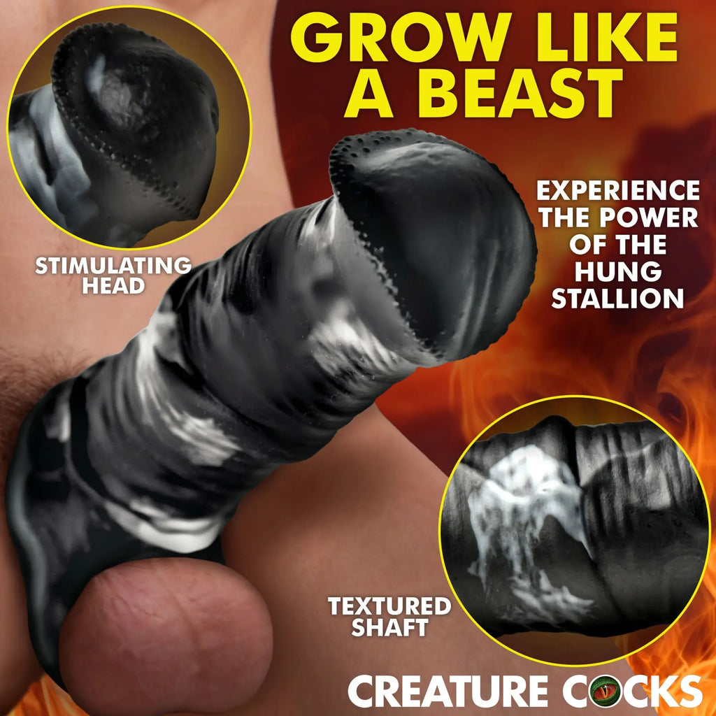 Creature Cocks Stallion black silicone penis extension with realistic skin texture, flared head, and shaft detail.