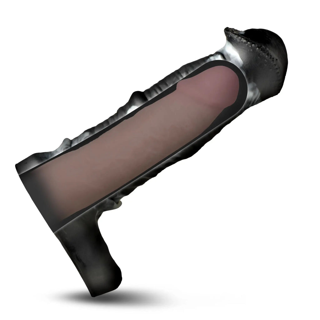 Creature Cocks Stallion silicone penis extension in black, showing a cutaway view of the internal fit against white.