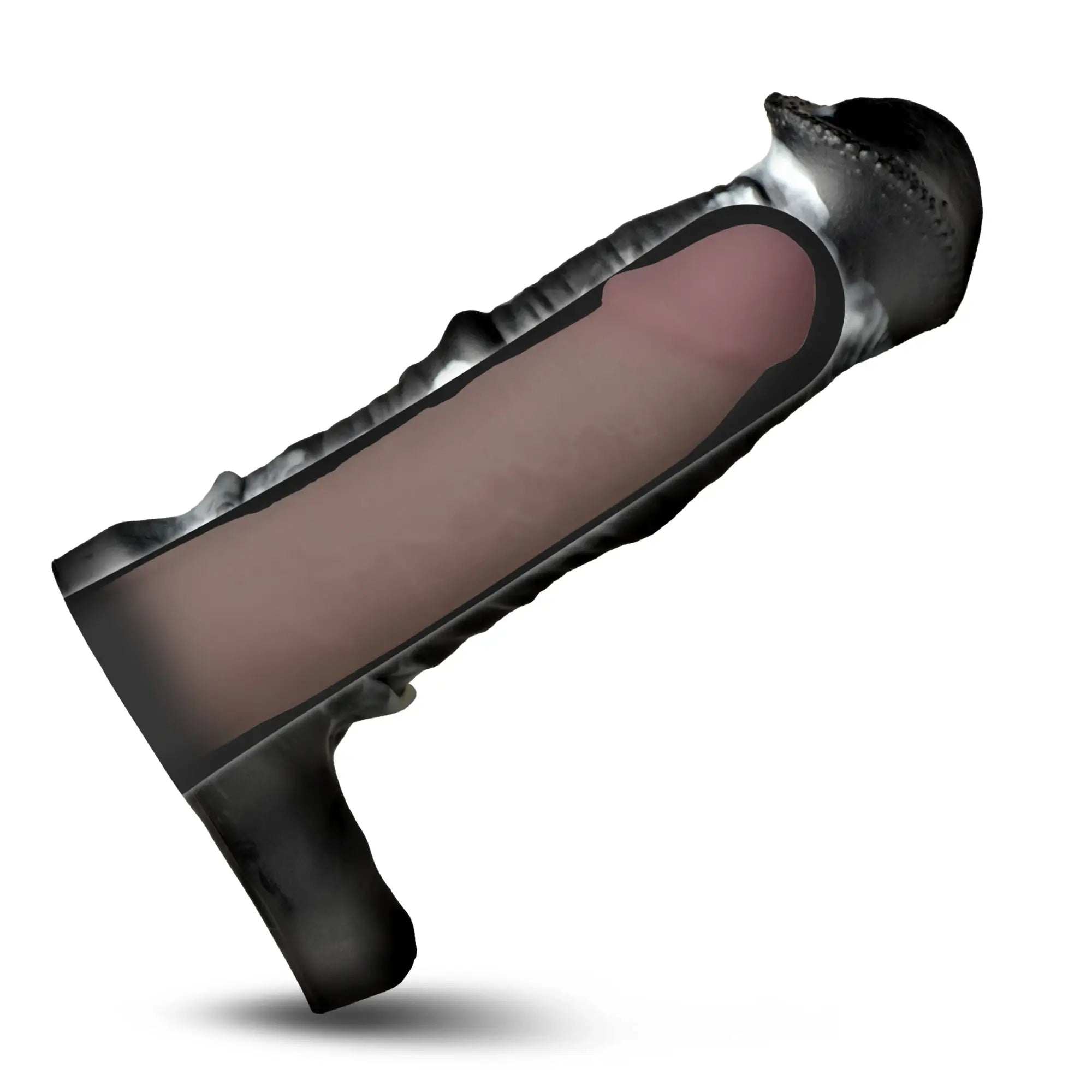 Creature Cocks Stallion silicone penis extension in black, showing a cutaway view of the internal fit against white.